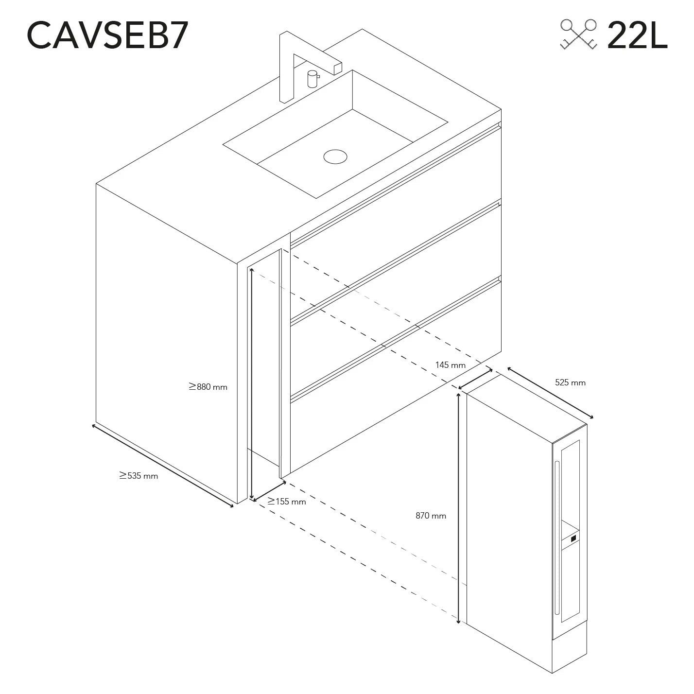 Esquema técnico de instalación de la vinoteca Les Petits Champs CAVSEB7 Black bajo encimera con dimensiones y capacidad de 22 litros.