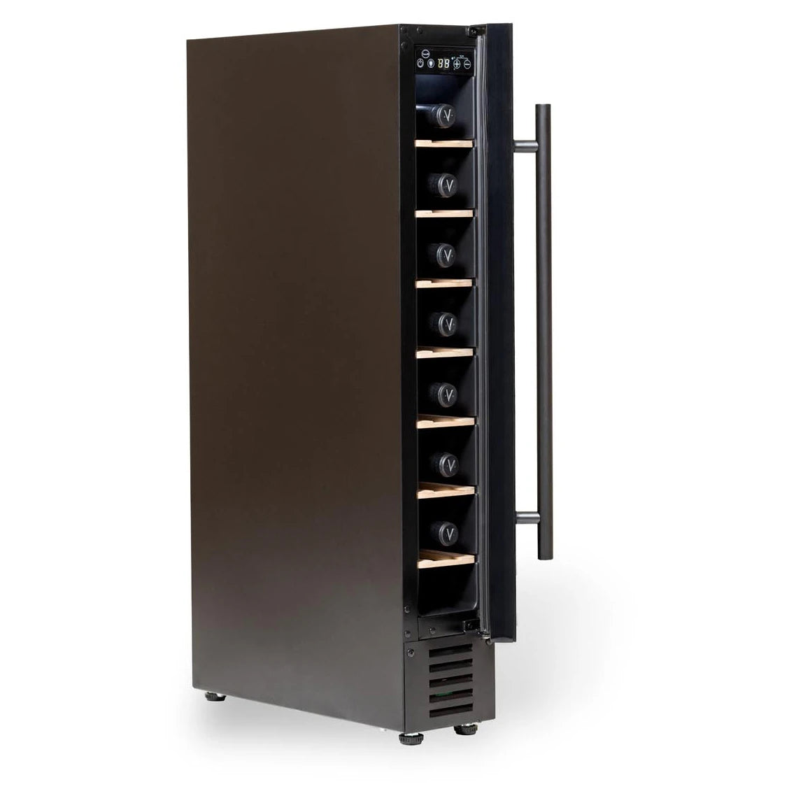 Vinoteca Vinobox 7 Design Black para 7 botellas con puerta parcialmente abierta, mostrando el tirador metálico y la disposición vertical de las botellas en su interior.
