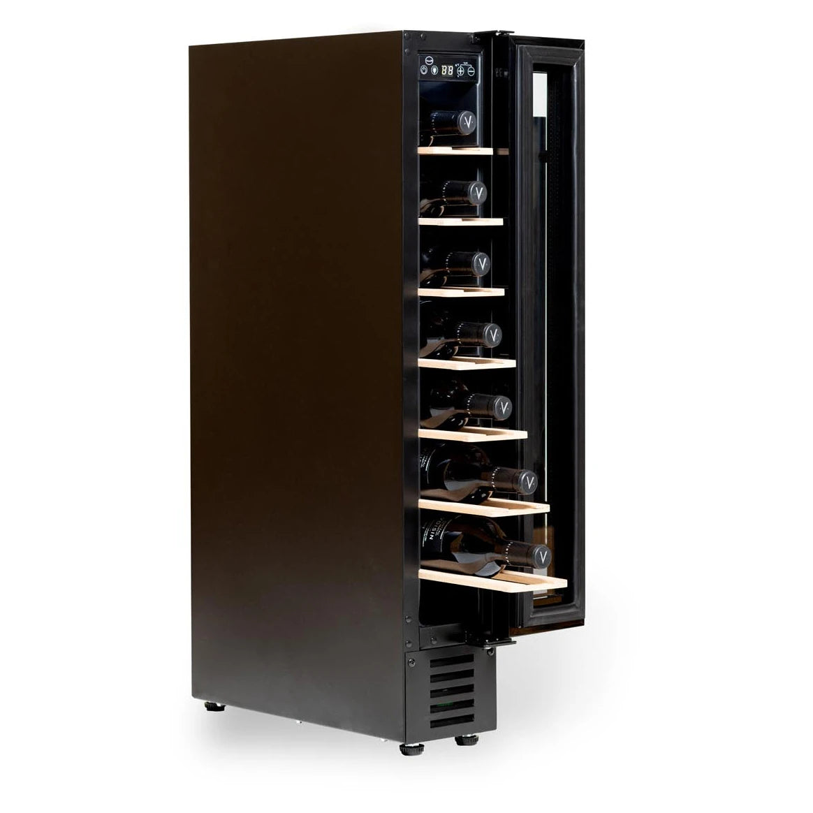 Vinoteca Vinobox 7 Design Black para 7 botellas con puerta abierta, revelando interior iluminado, estantes de madera y panel de control superior.