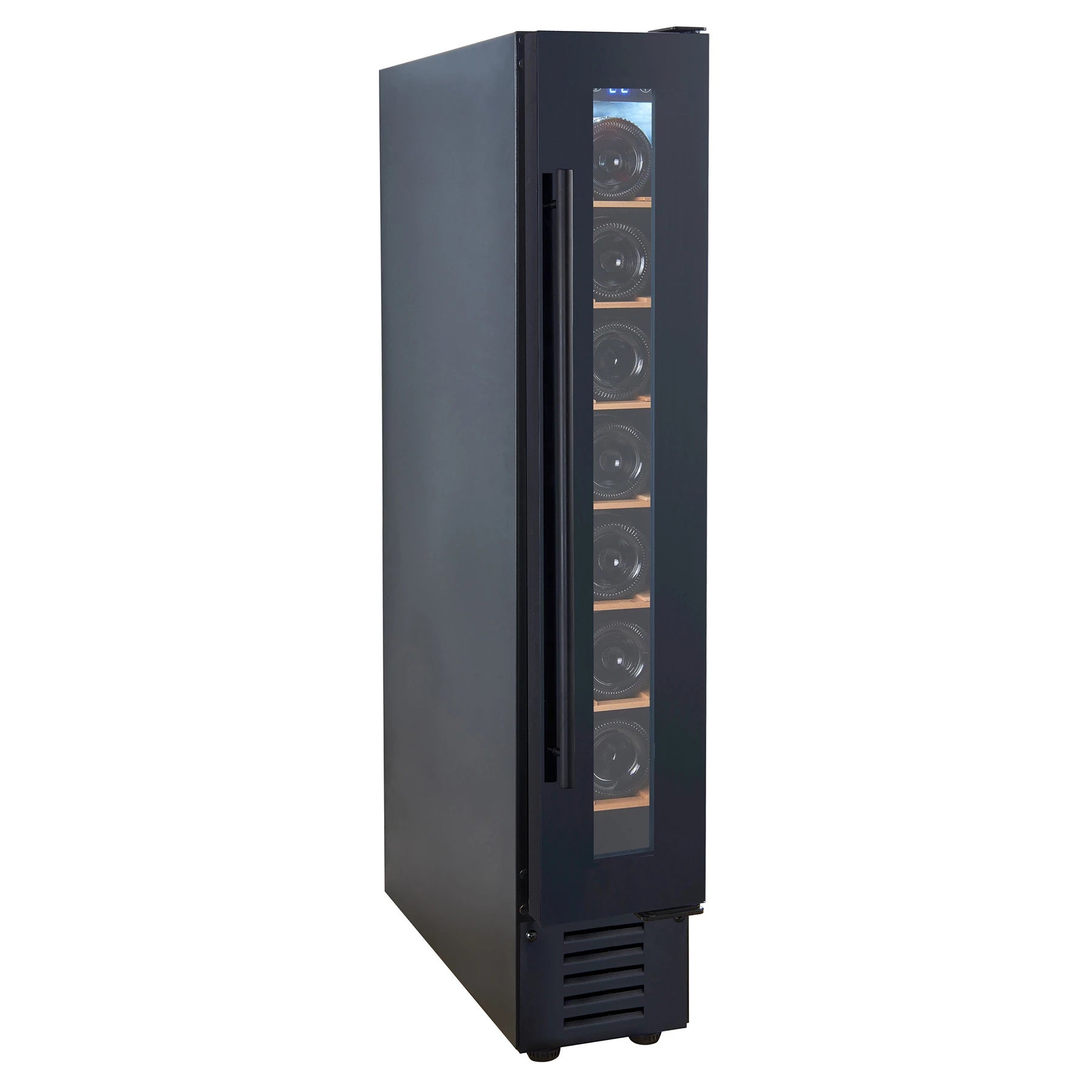 Vinoteca Vinobox 7 Design Black para 7 botellas en acabado negro, vista frontal en ángulo con puerta de vidrio y estantes de madera visibles en el interior.