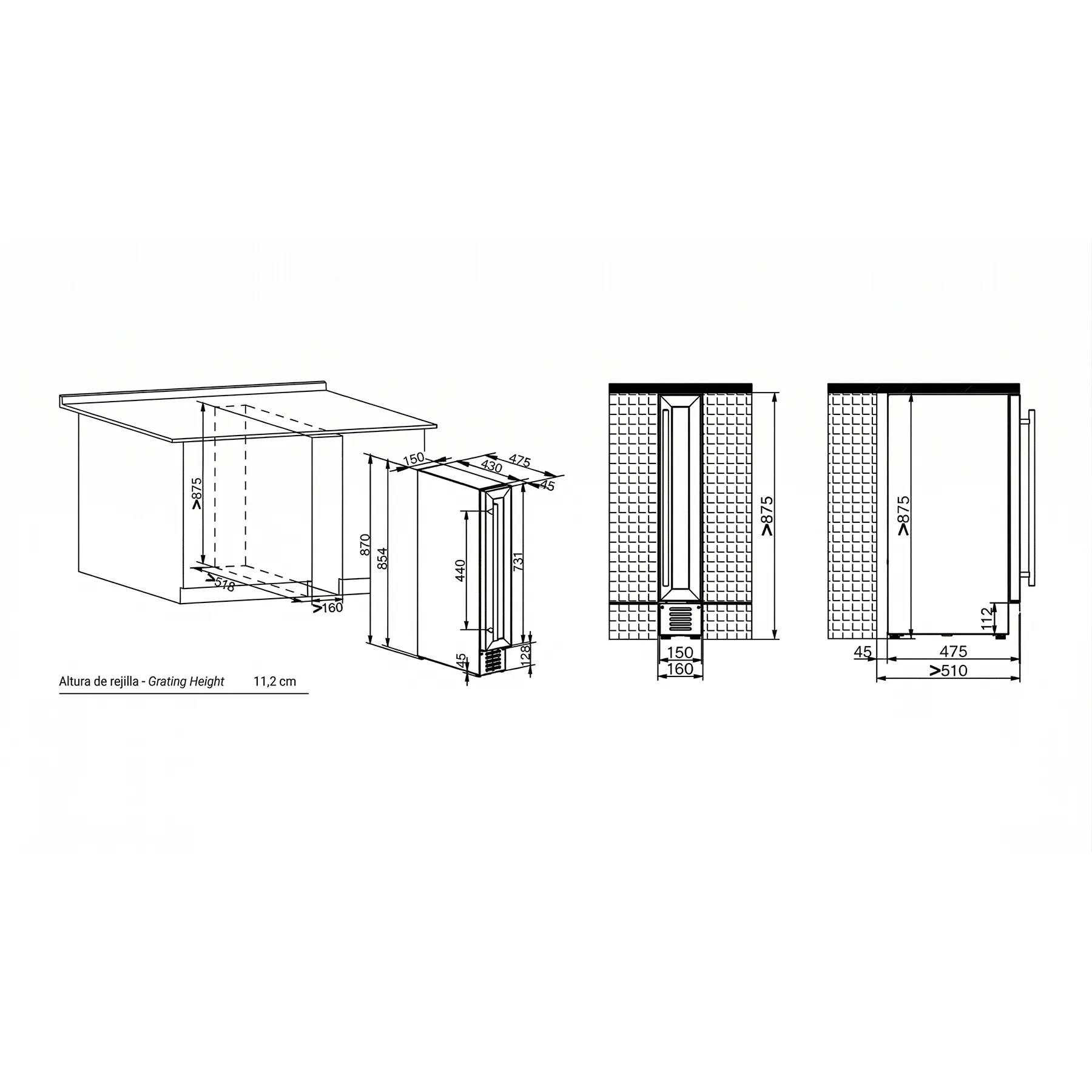 Plano técnico de instalación de la vinoteca Vinobox 7 Design Black para 7 botellas, con medidas detalladas de encastre, ventilación y dimensiones del equipo.
