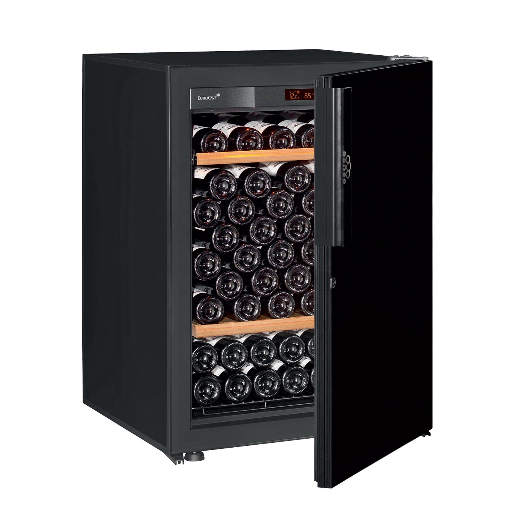 Vinoteca 74 botellas EuroCave Pure SBP5 Black Piano puerta semiabierta