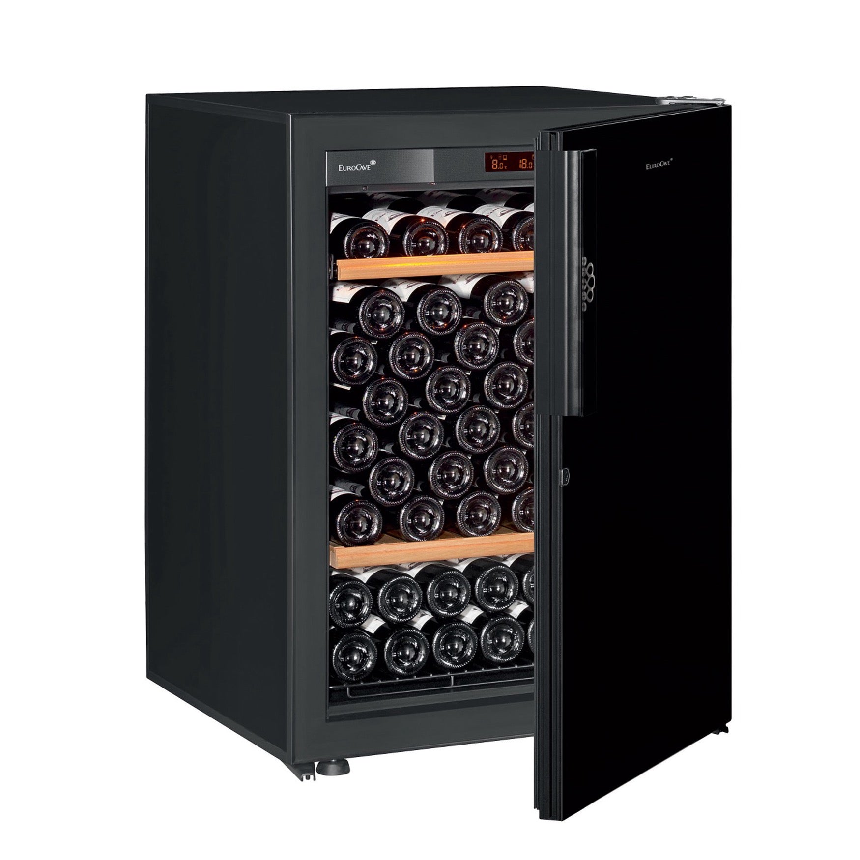 Vinoteca 74 botellas EuroCave Pure SBP5 Multitemperatura Black Piano puerta semiabierta