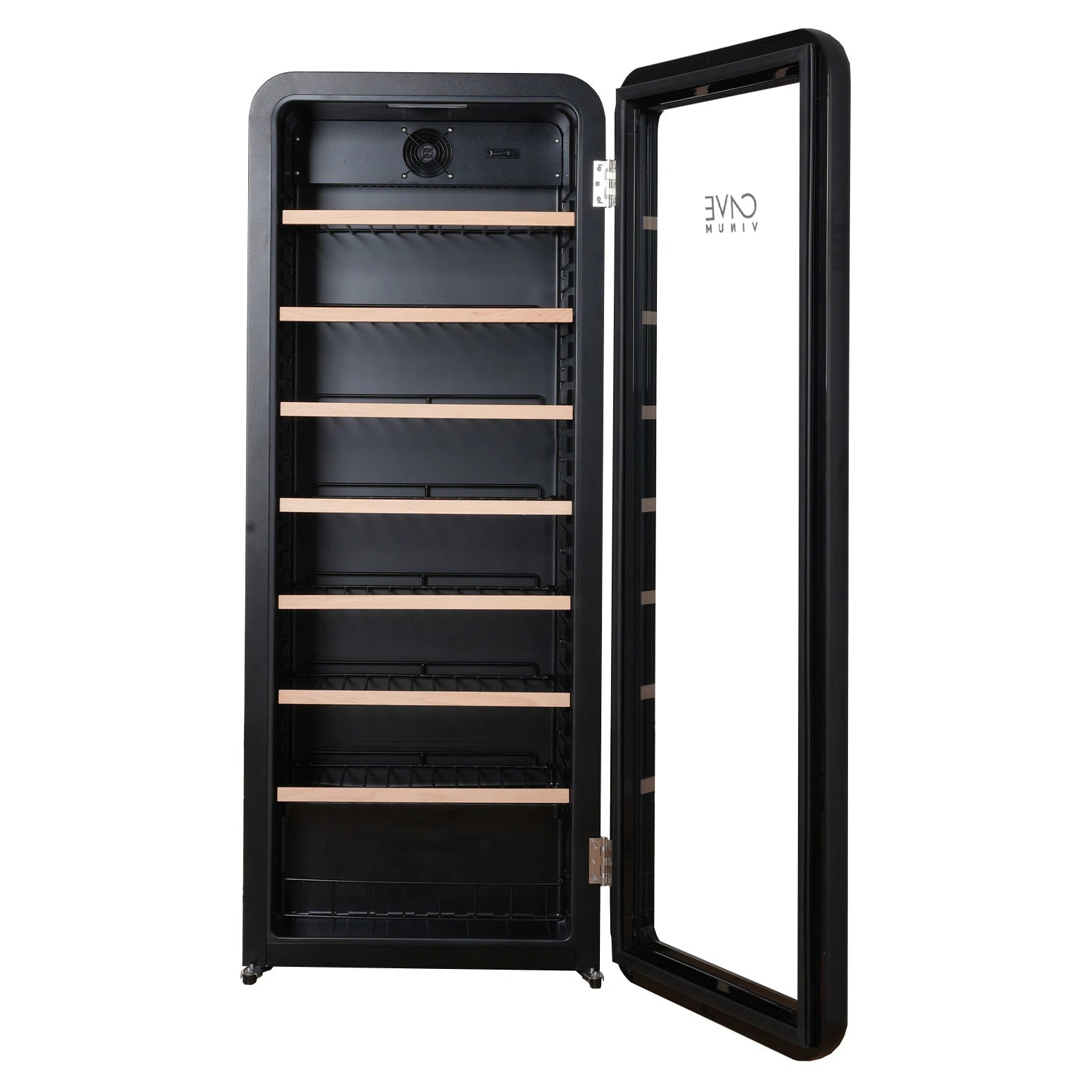Vinoteca negra Cavevinum CV-76 con puerta abierta, interior vacío y estantes de madera iluminados, capacidad para 76 botellas.