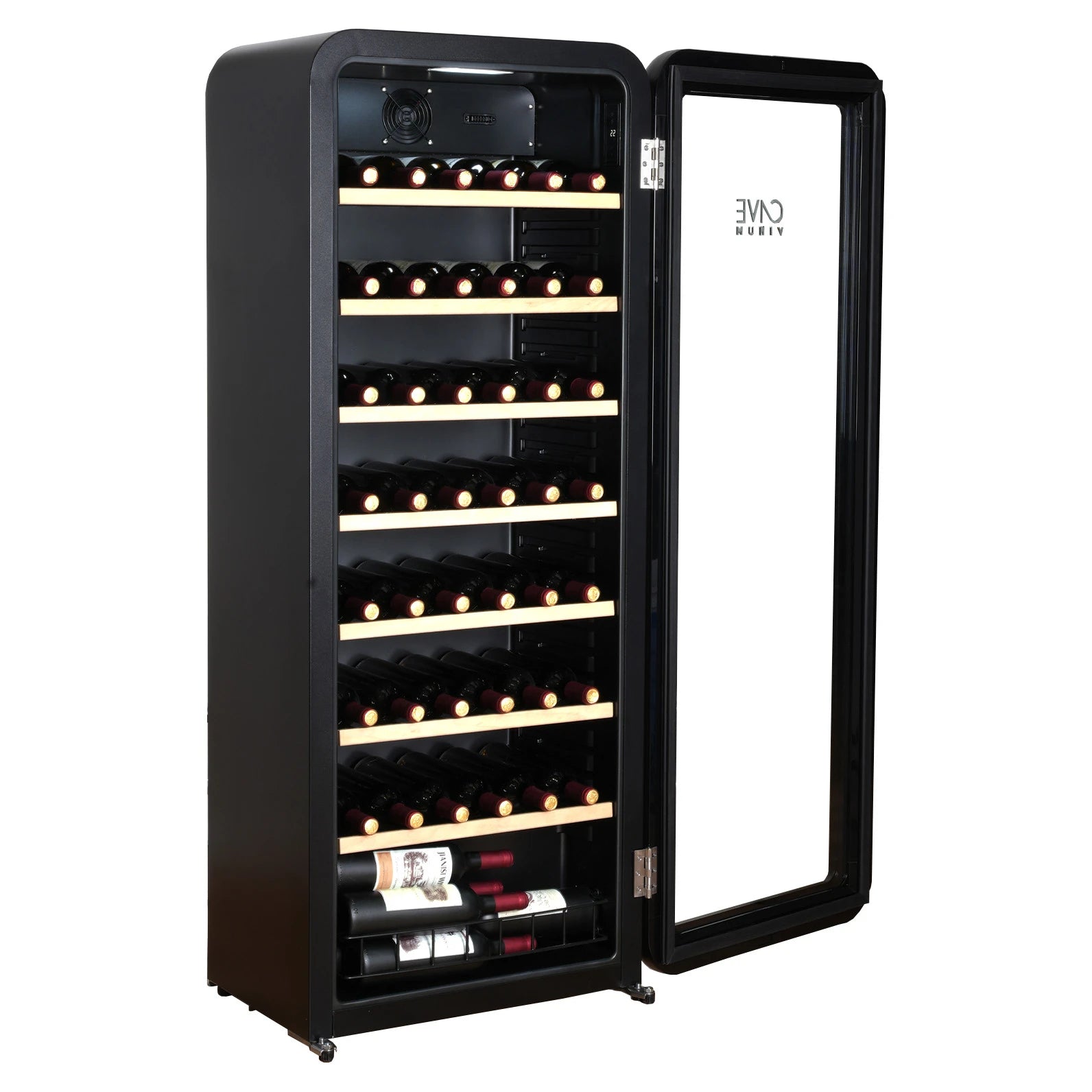 Vinoteca Cavevinum CV-76 con puerta de vidrio abierta, interior iluminado y estantes de madera con botellas de vino organizadas.