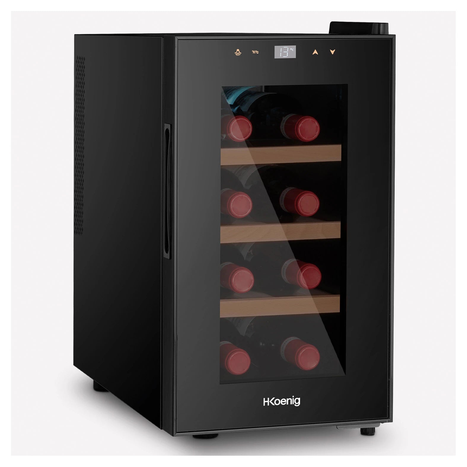 H.Koenig AGE8, vinoteca termoeléctrica de 8 botellas, vista lateral del equipo compacto.