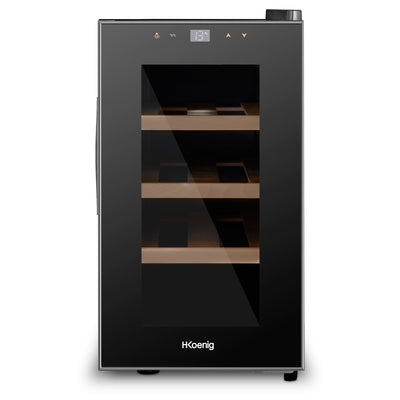 Vinoteca H.Koenig AGE8 de 8 botellas, con diseño compacto en color negro, puerta de vidrio con panel táctil y tres estantes de madera visibles en su interior.