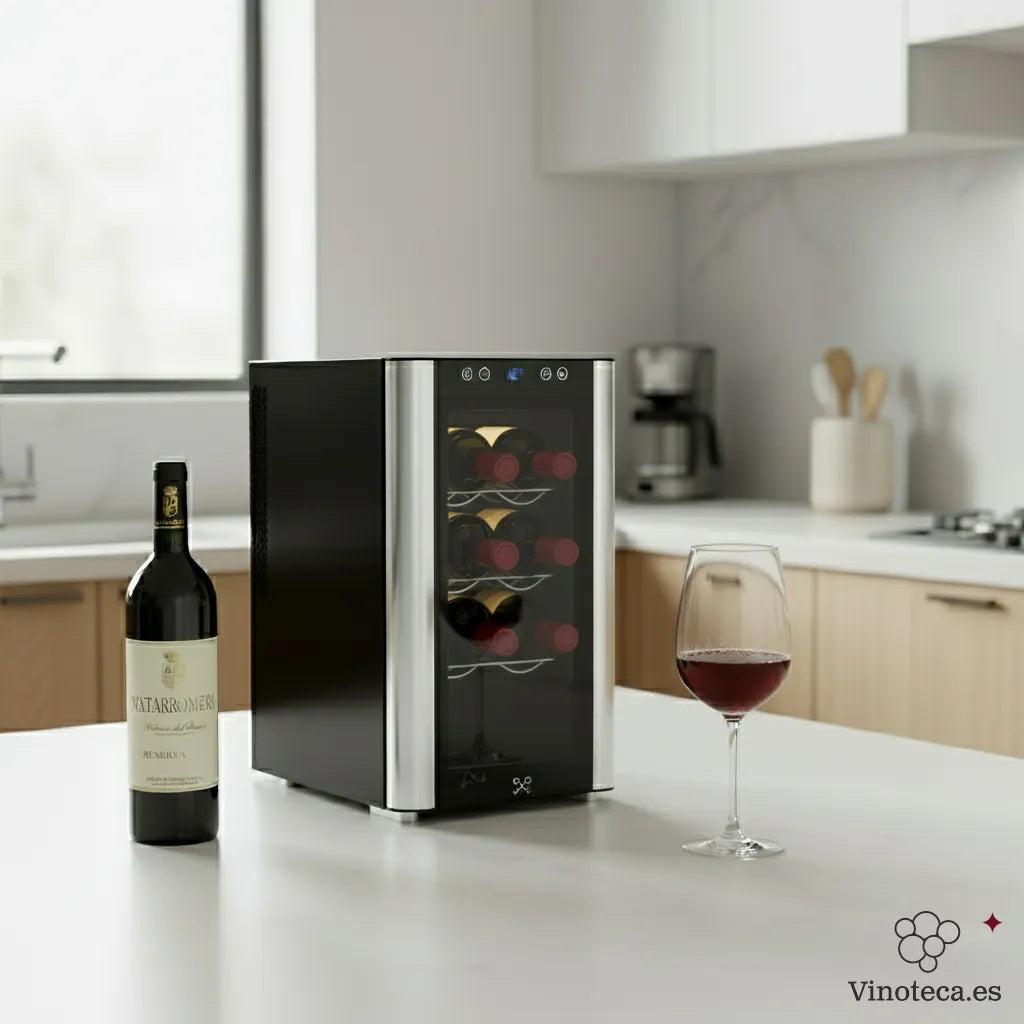 Vinoteca Les Petits Champs CAVS8 con 8 botellas en su interior, ubicada sobre una encimera blanca en una cocina moderna, junto a una botella de vino tinto y una copa servida.