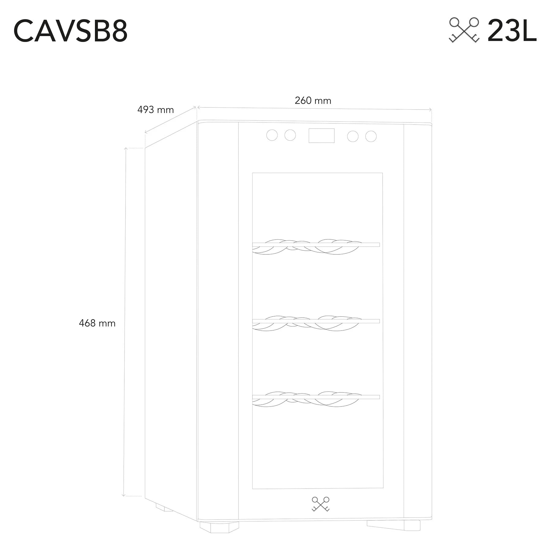 Esquema técnico de la vinoteca Les Petits Champs CAVSB8 con dimensiones: 493 mm de profundidad, 468 mm de altura y 260 mm de ancho, capacidad de 23 litros.