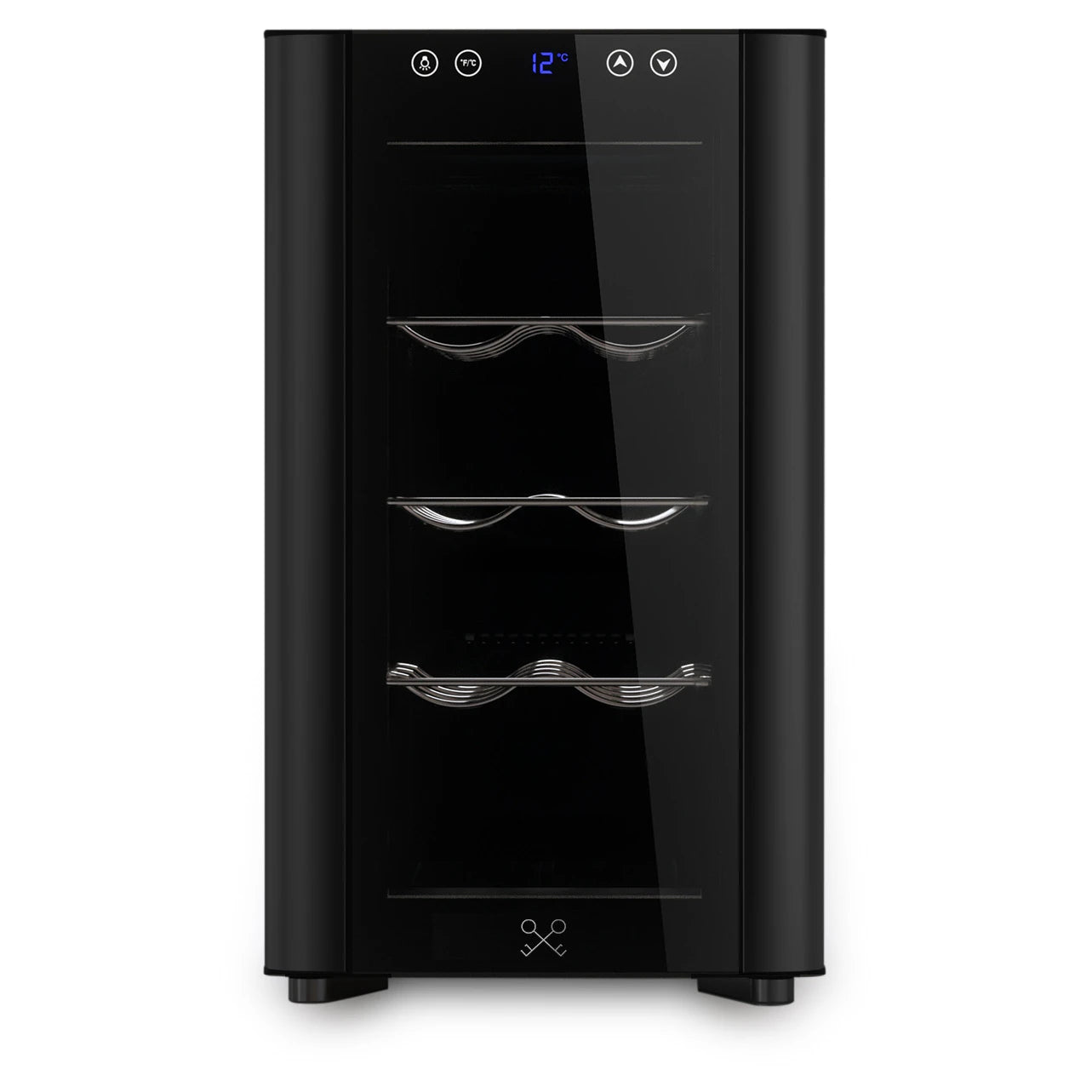 Vinoteca Les Petits Champs CAVSB8, de diseño vertical en color negro, con pantalla LED azul y botones táctiles en la parte superior.