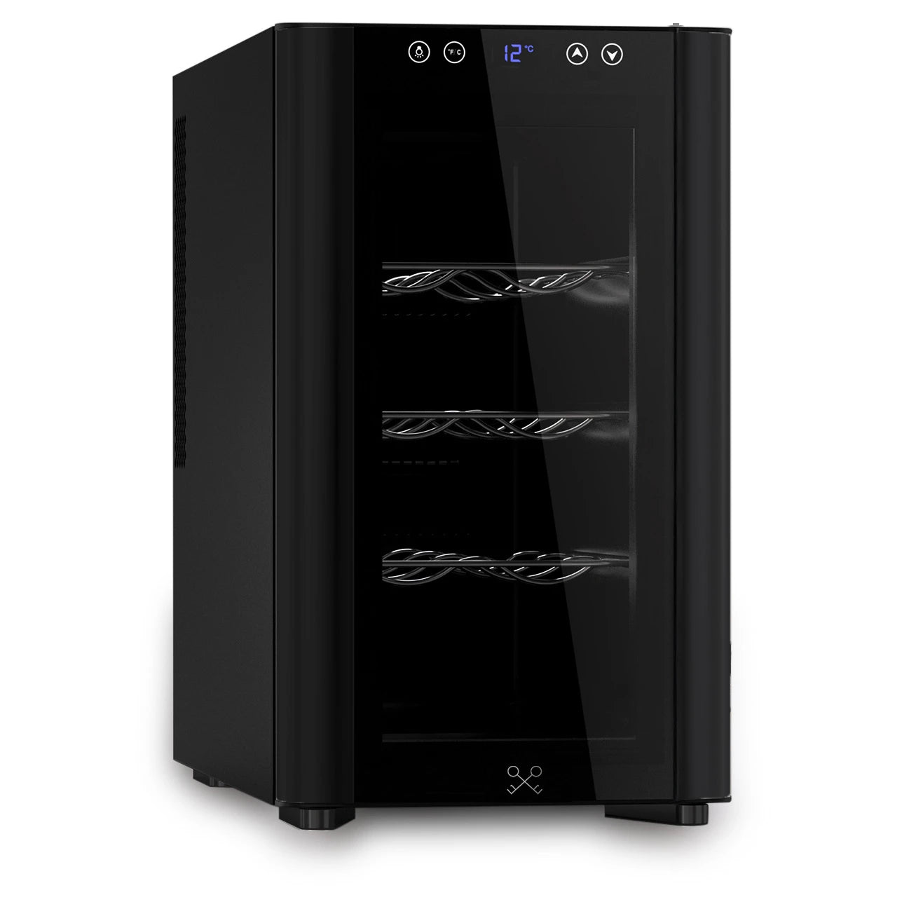Enfriador de vinos compacto Les Petits Champs CAVSB8 visto de perfil, con acabado negro brillante, puerta de vidrio y controles digitales superiores.