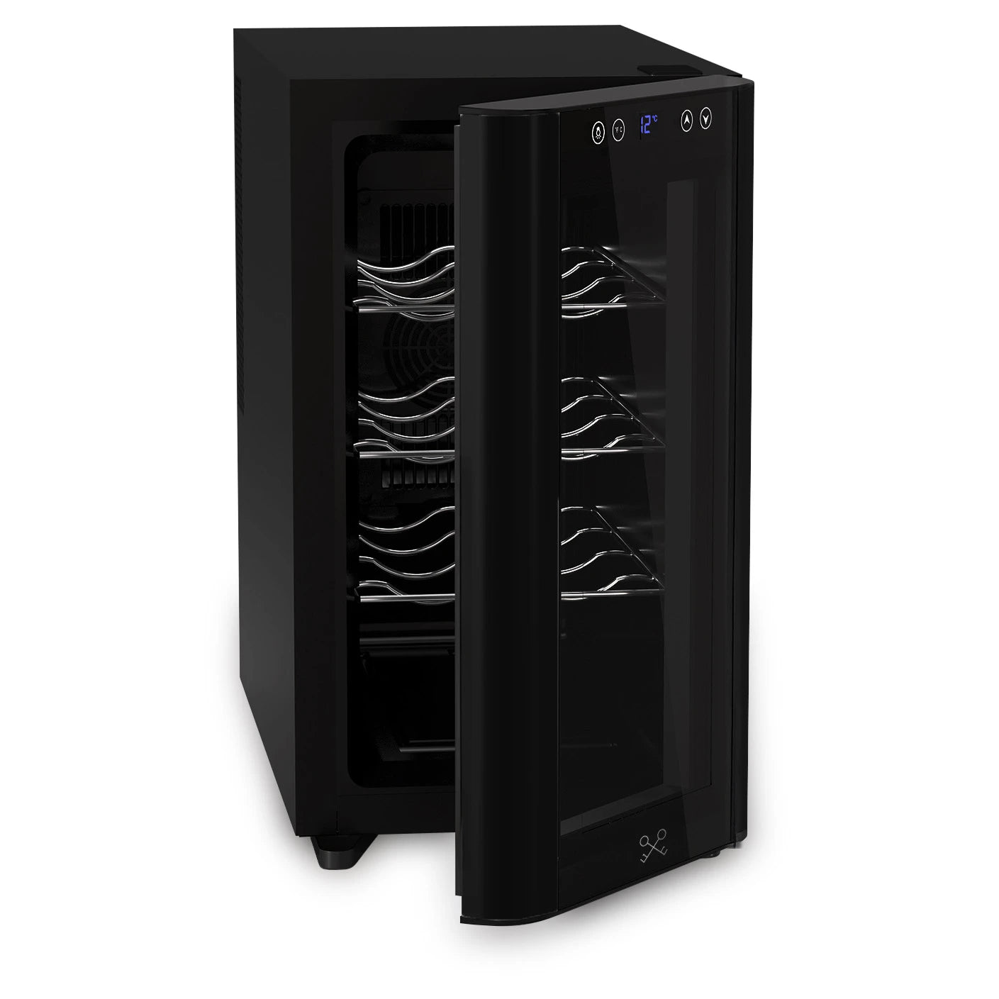 Vinoteca Les Petits Champs CAVSB8 con puerta acristalada abierta, mostrando interior espacioso con estructura metálica para colocar botellas de vino.