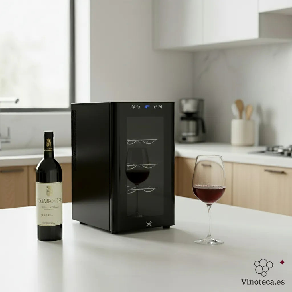 Enfriador de vinos negro Les Petits Champs CAVSB8 en una cocina luminosa, con pantalla digital encendida y una copa servida al frente.