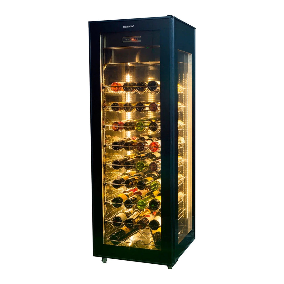 Cavanova CVVT400 81-bottle wine cooler, front view with the door closed and the bottles visible behind the glass.
