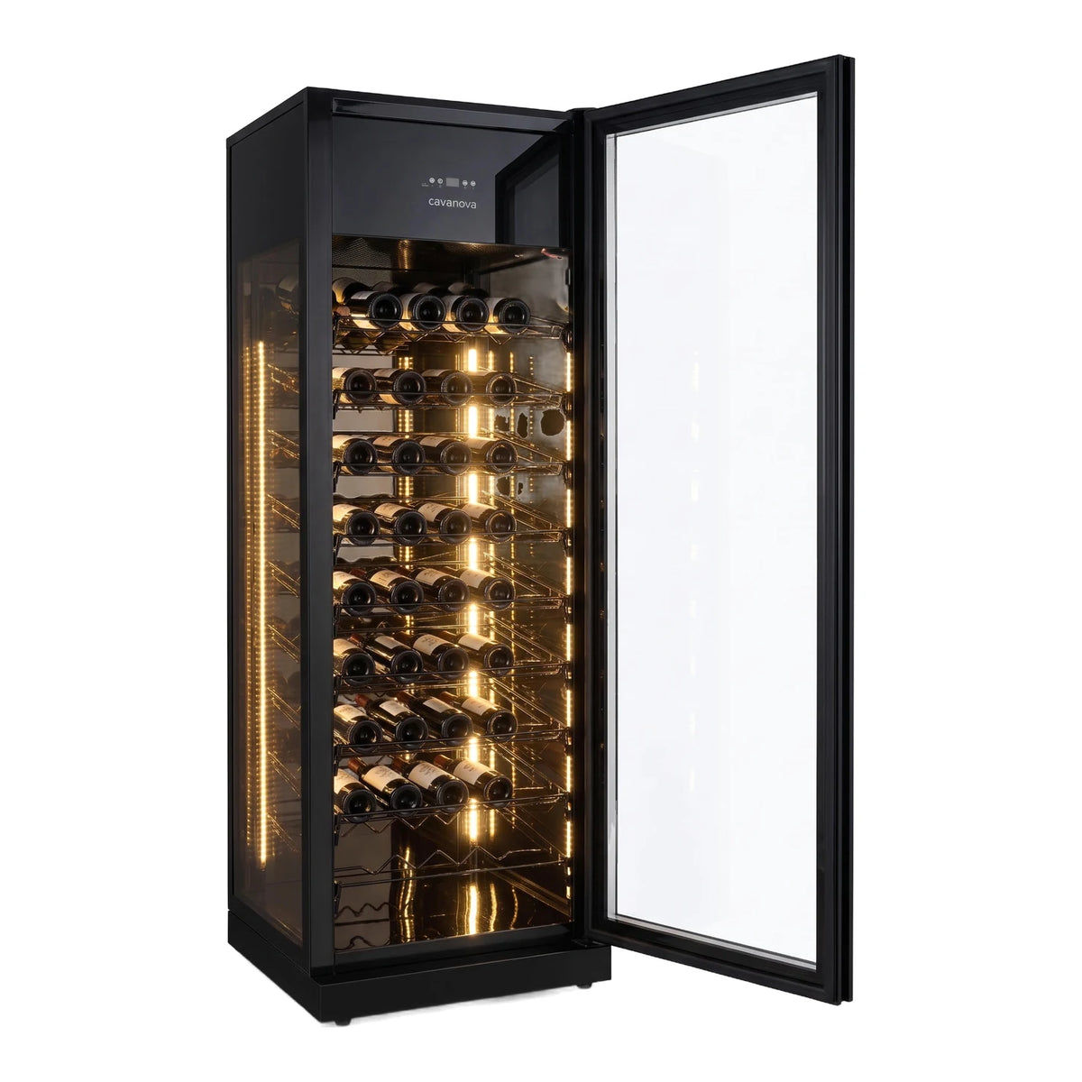 Cavanova CVVT400 81-bottle wine cooler with the door open and shelves lit by warm LED lighting.