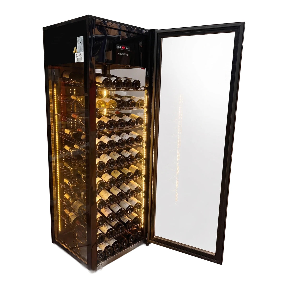 Cavanova CVVT400 wine cooler filled with bottles, with the door open and glass side panels.