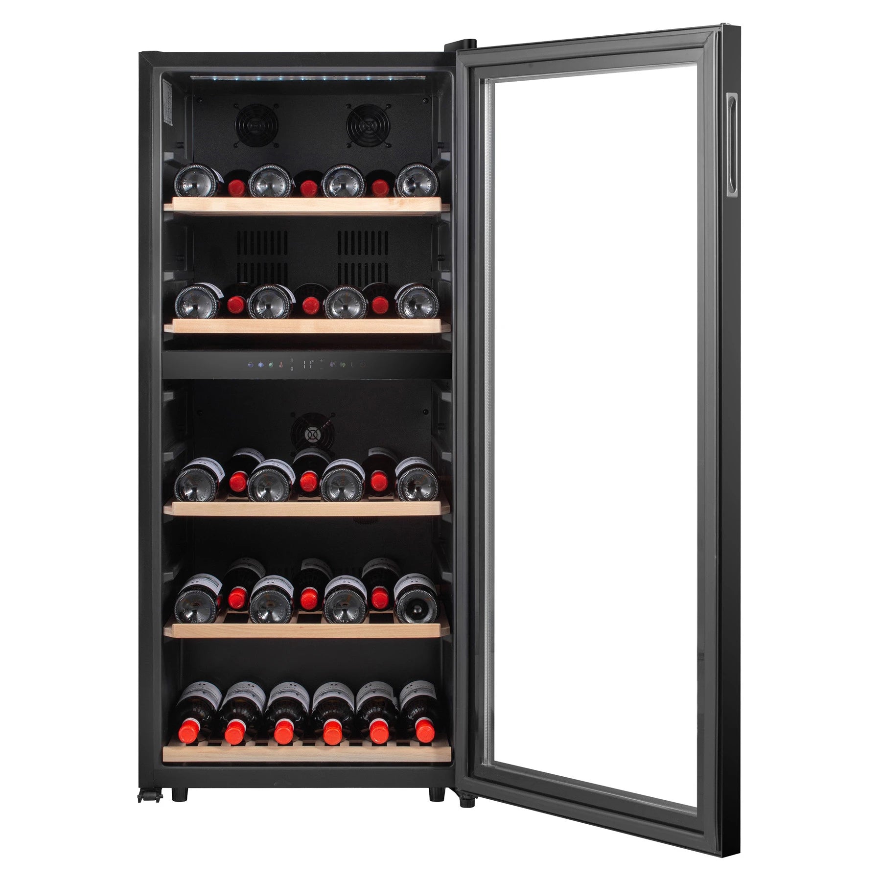 Vinoteca Caviss C291CBEG de 91 botellas, vista del interior con estantes de madera.
