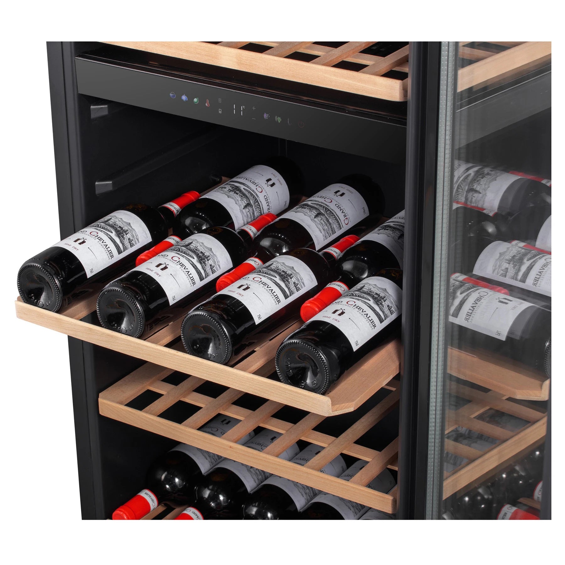 Vinoteca Caviss C291CBEG de 91 botellas, vista del equipo con puerta acristalada.