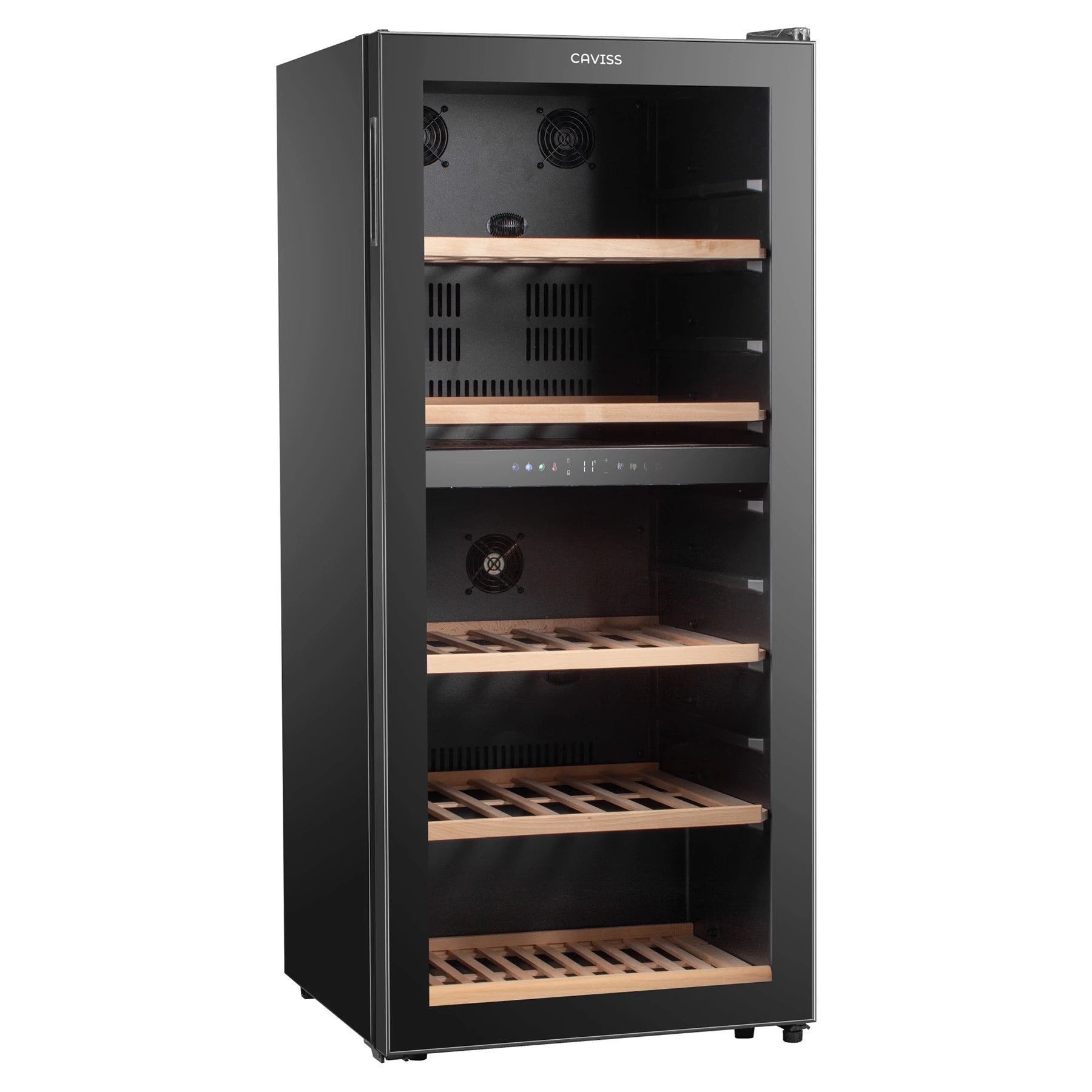 Vinoteca Caviss C291CBEG de 91 botellas, detalle de estantes de madera para vino.