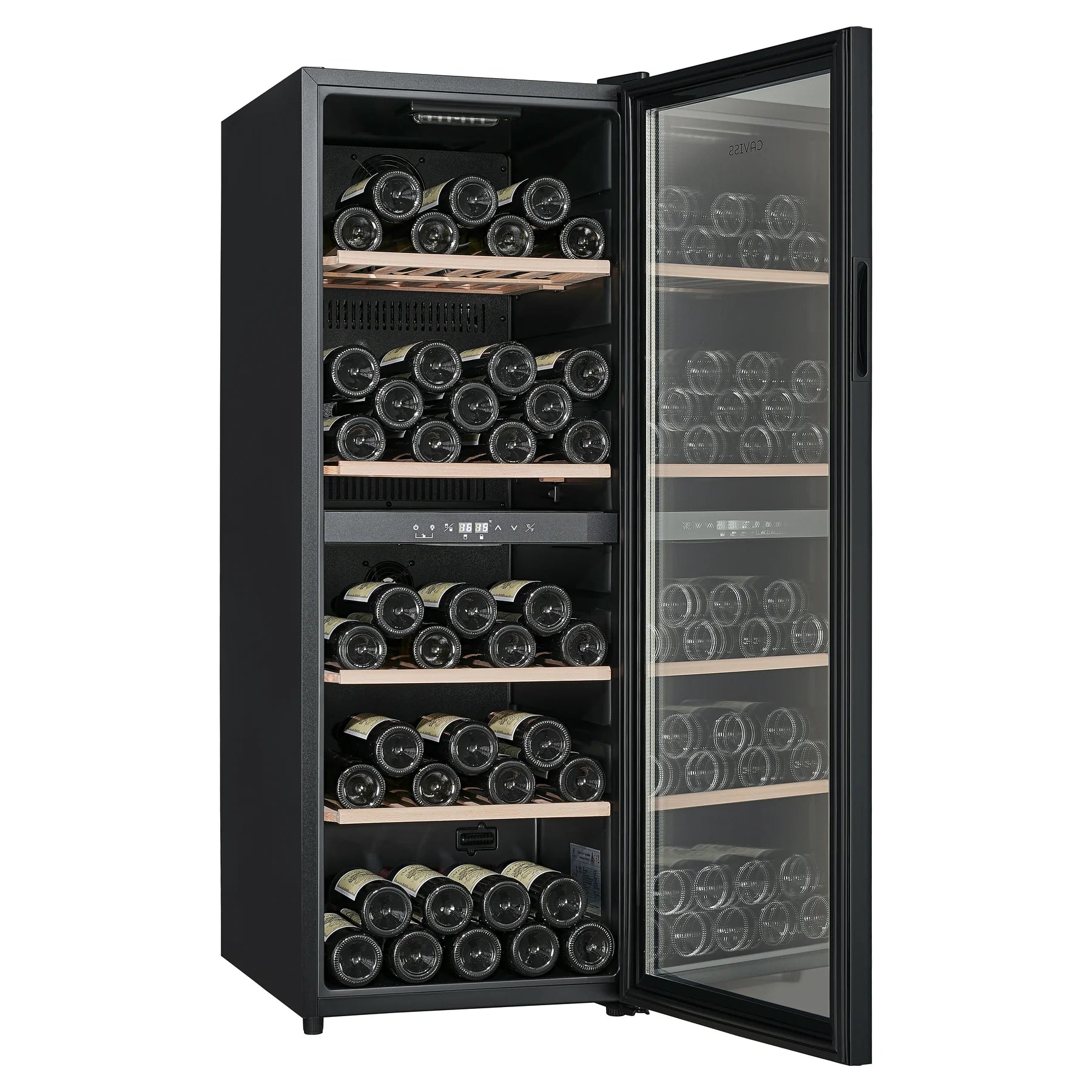 Vinoteca Caviss CT2PL91CB abierta y llena de botellas, vista de tres cuartos