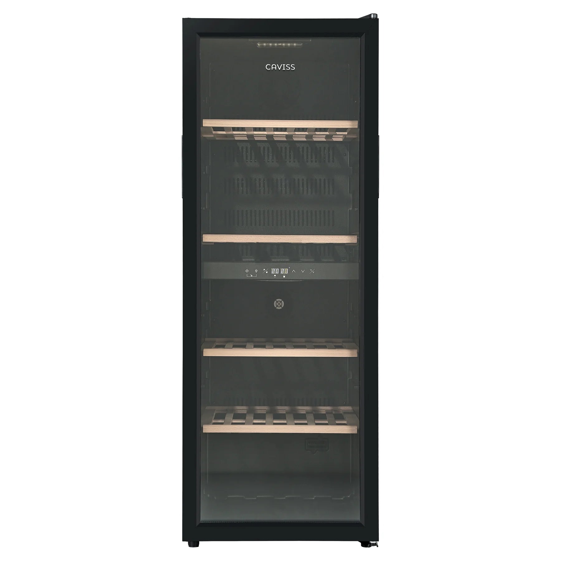 Vinoteca Caviss CT2PL91CB cerrada con los cuatro estantes de madera visibles