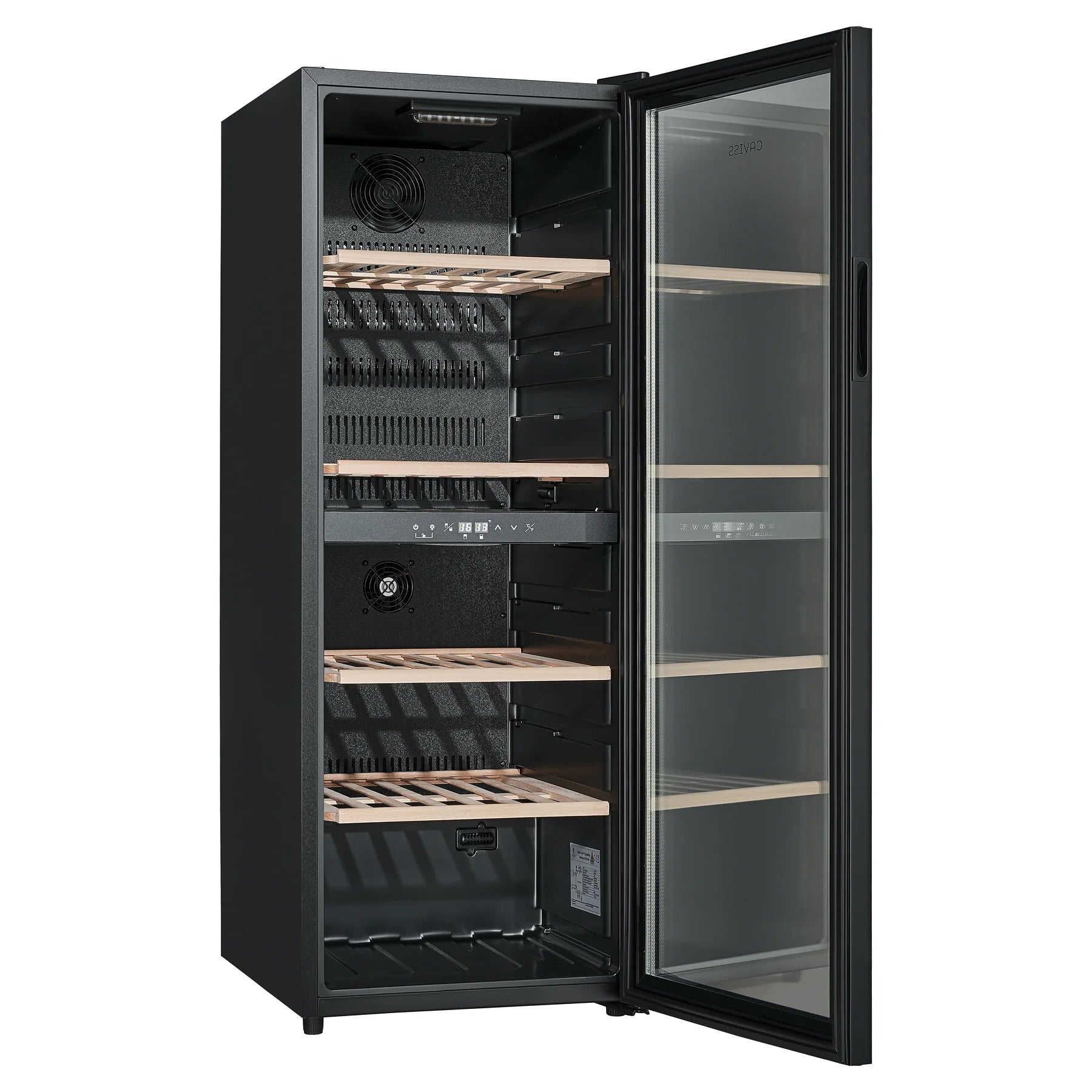 Vinoteca Caviss CT2PL91CB abierta y vacía, vista de tres cuartos