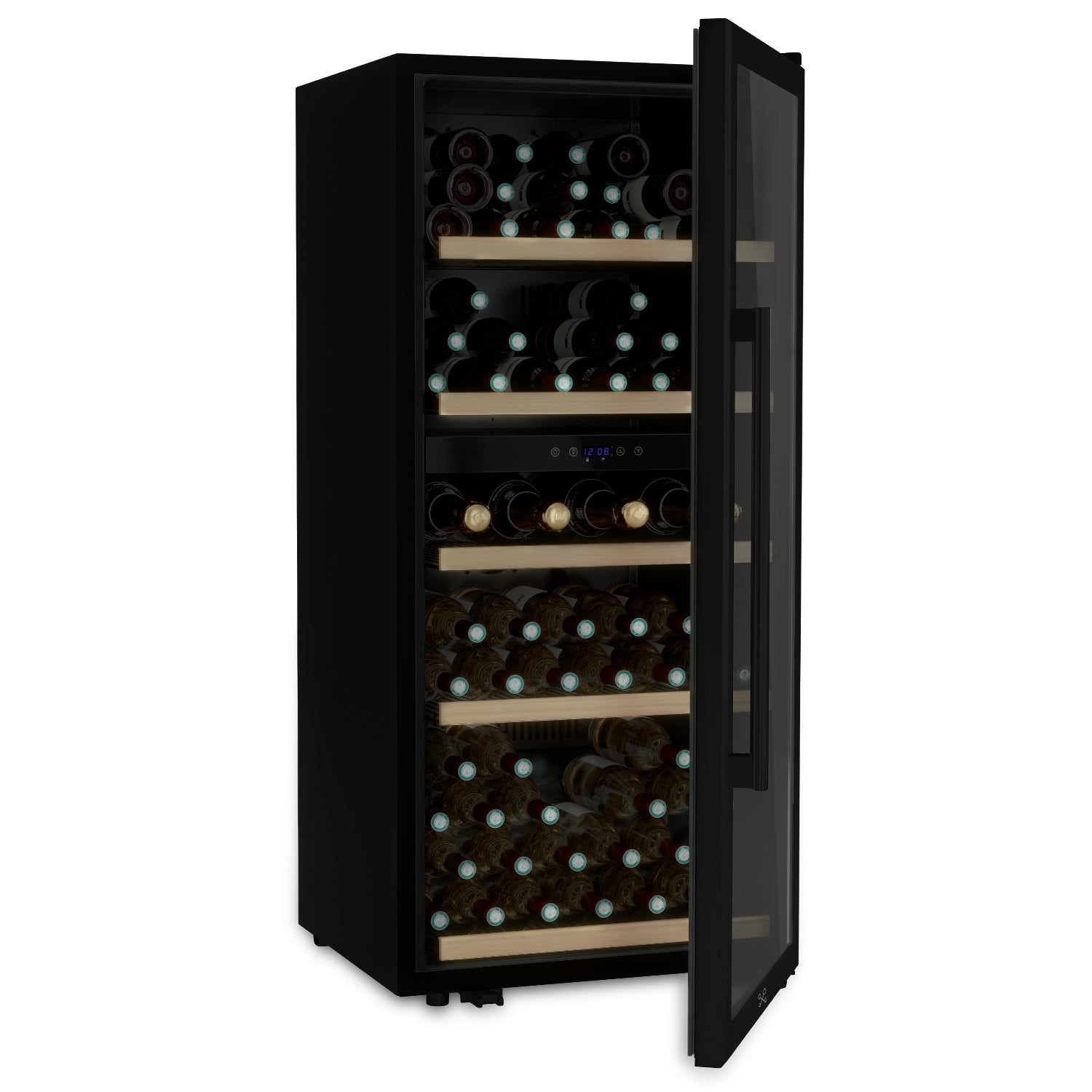 Vinoteca 91 botellas Les Petits Champs CAVCDB91 vista lateral con puerta abierta y llena de botellas de vino