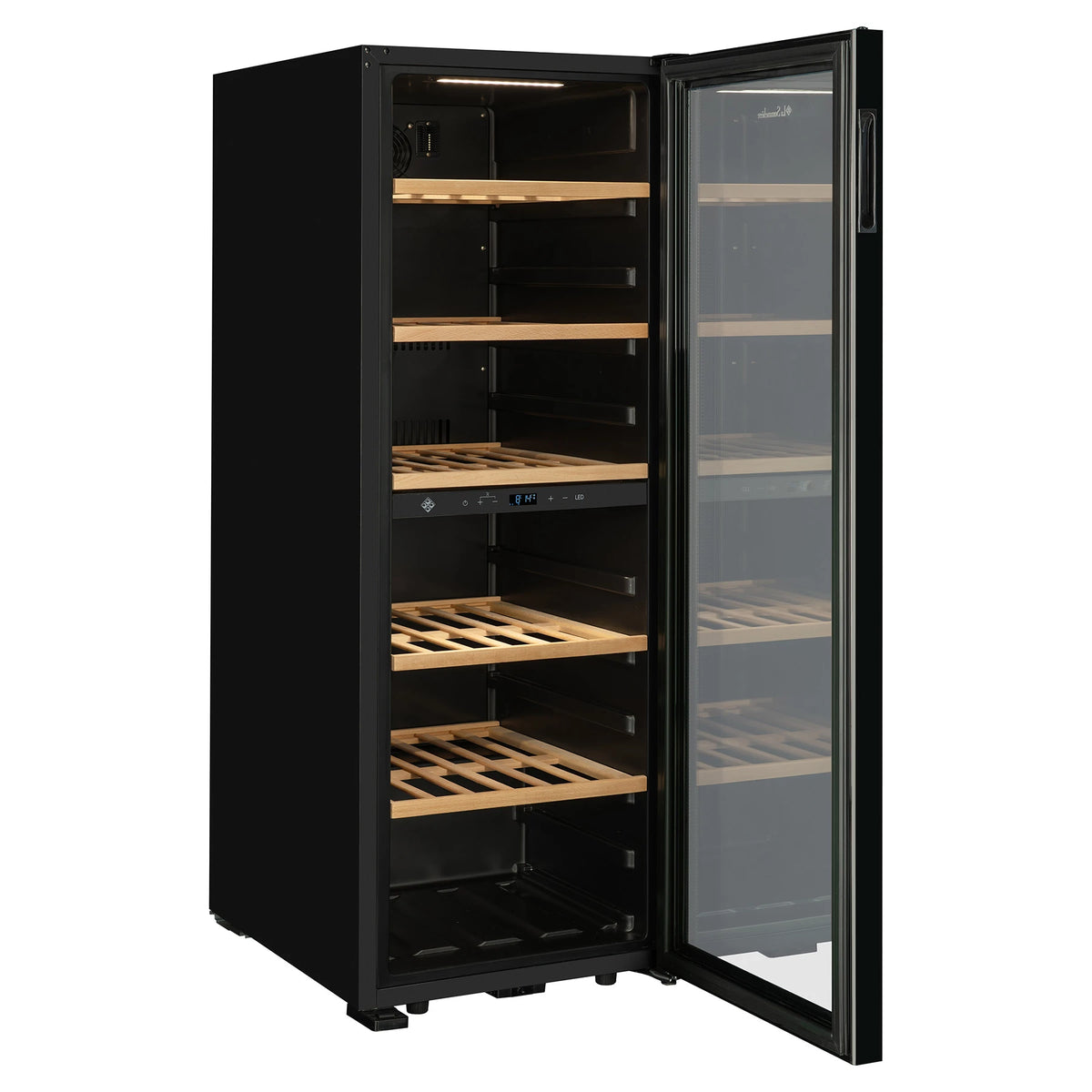 Vinoteca La Sommelière SMART95DZ vista lateral con la puerta abierta y bandejas de madera vacías
