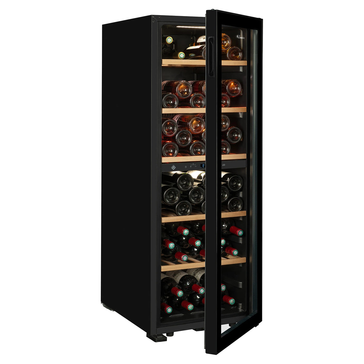 Vinoteca La Sommelière SMART95DZ vista en ángulo con la puerta abierta y llena de botellas