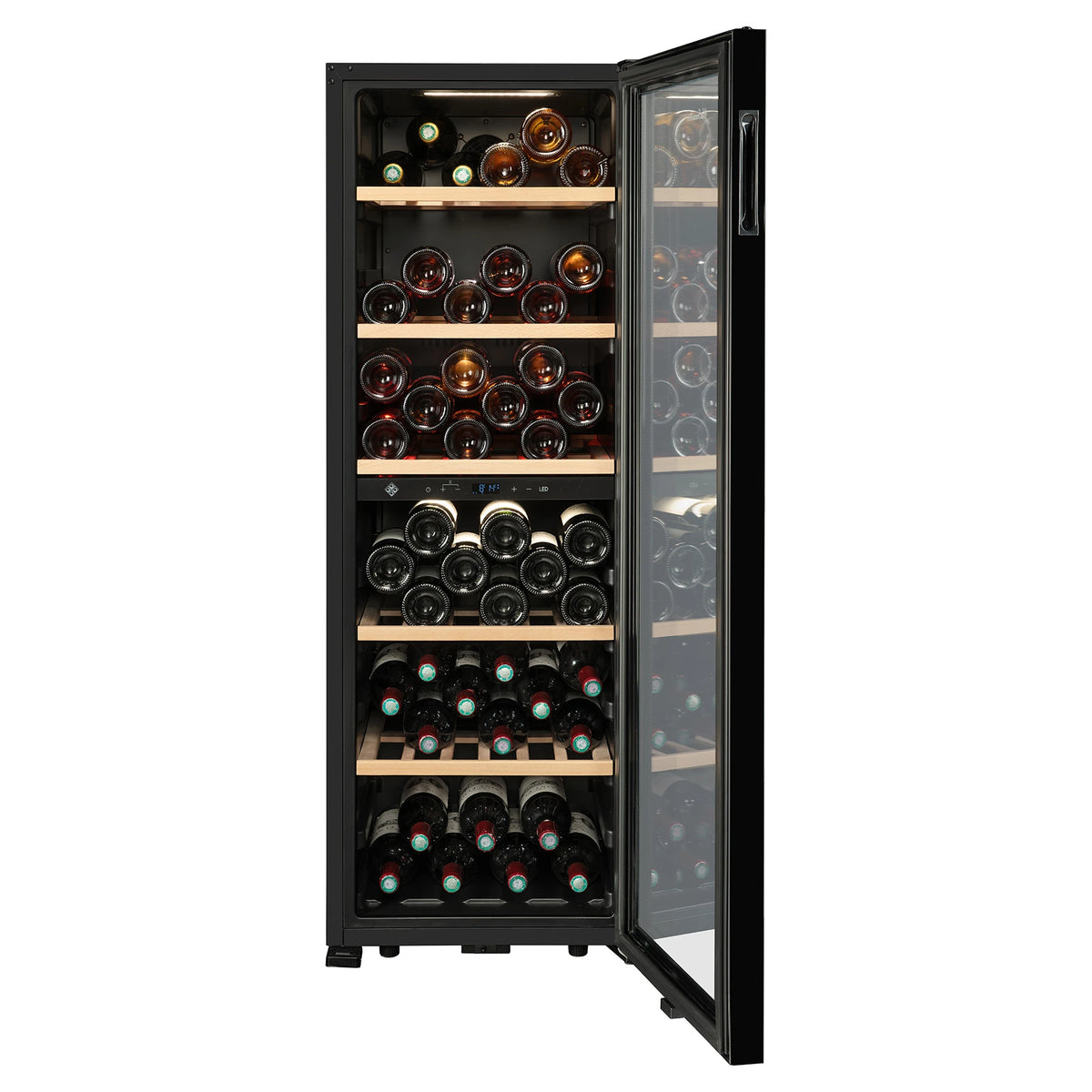 Vinoteca La Sommelière SMART95DZ vista frontal con la puerta abierta y llena de botellas en sus dos zonas