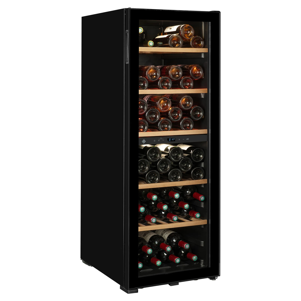 Vinoteca La Sommelière SMART95DZ de libre instalación, vista tres cuartos con la puerta cerrada y llena de botellas