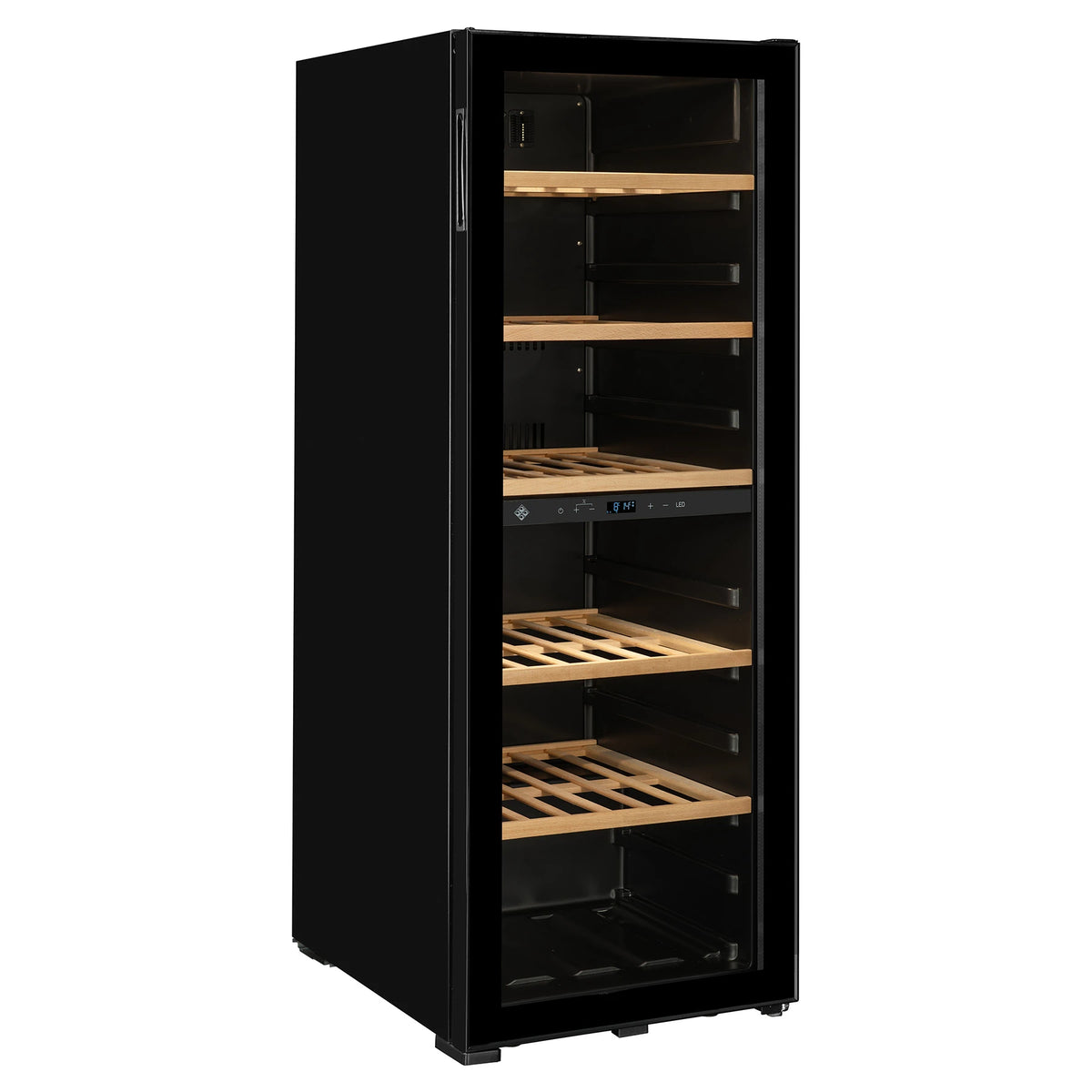 Vinoteca La Sommelière SMART95DZ vista tres cuartos con la puerta cerrada y bandejas de madera vacías