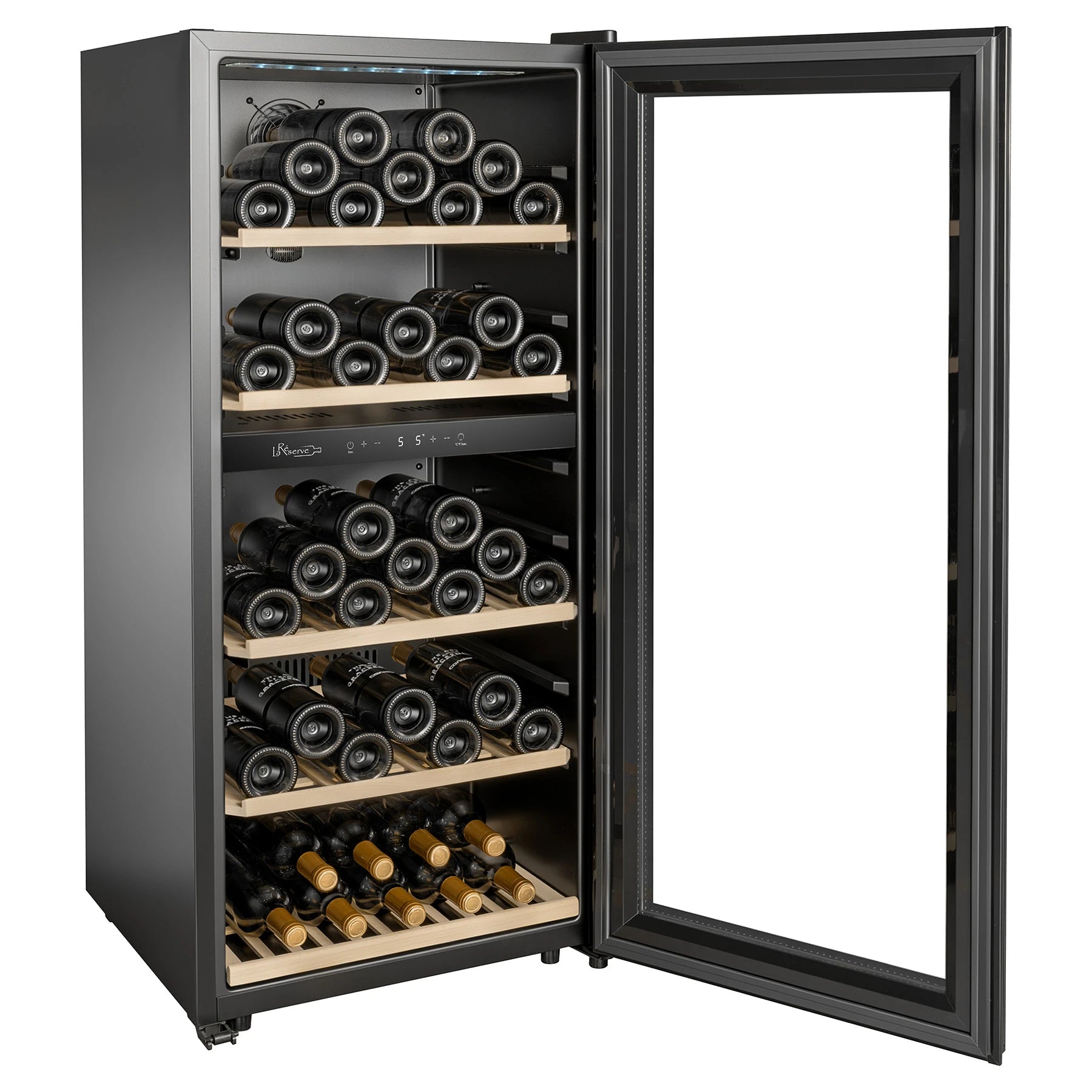 Detalle de estantes de madera de la vinoteca La Réserve RWC296FN1 para botellas de vino
