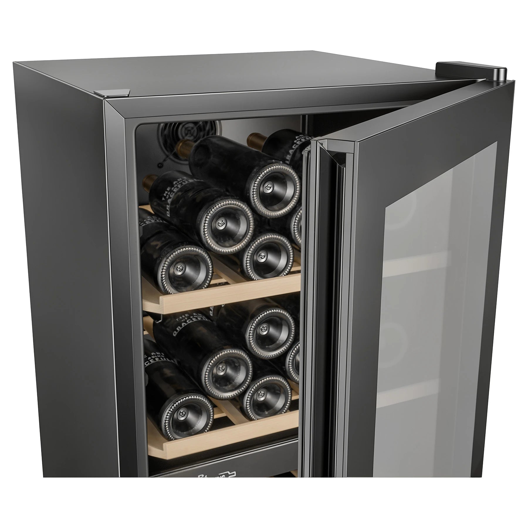 Detalle de la vinoteca La Réserve RWC296FN1 con puerta de cristal negro y diseño vertical