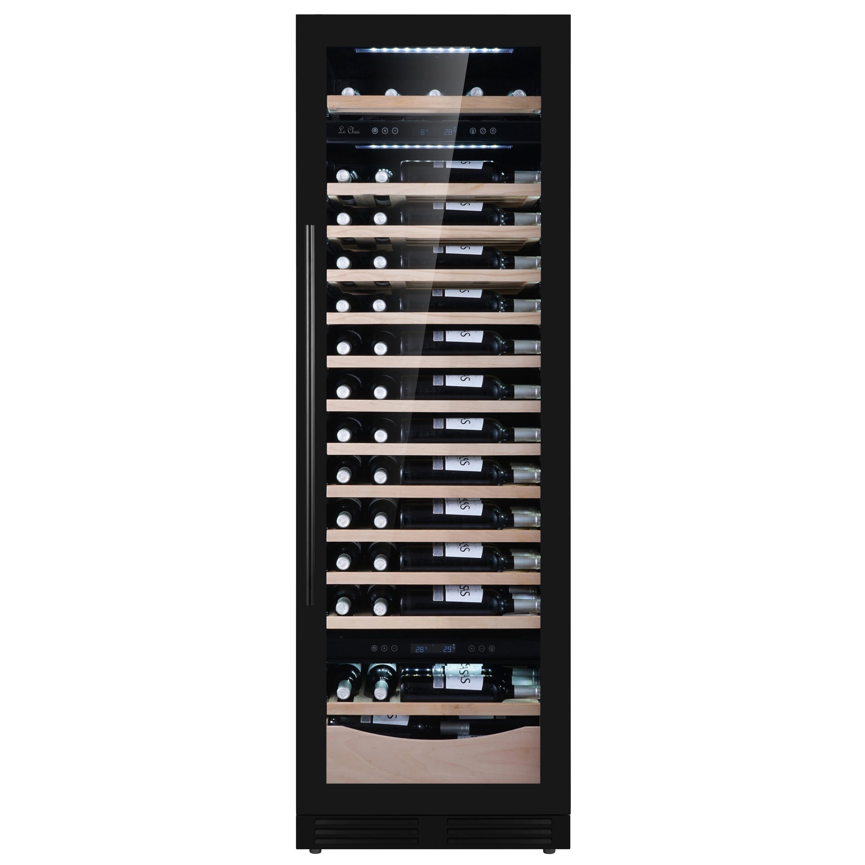 Vista frontal de la vinoteca Le Chai LTN990S, con capacidad para 99 botellas distribuidas en estantes de madera, puerta de cristal con marco negro y control digital de triple zona de temperatura.