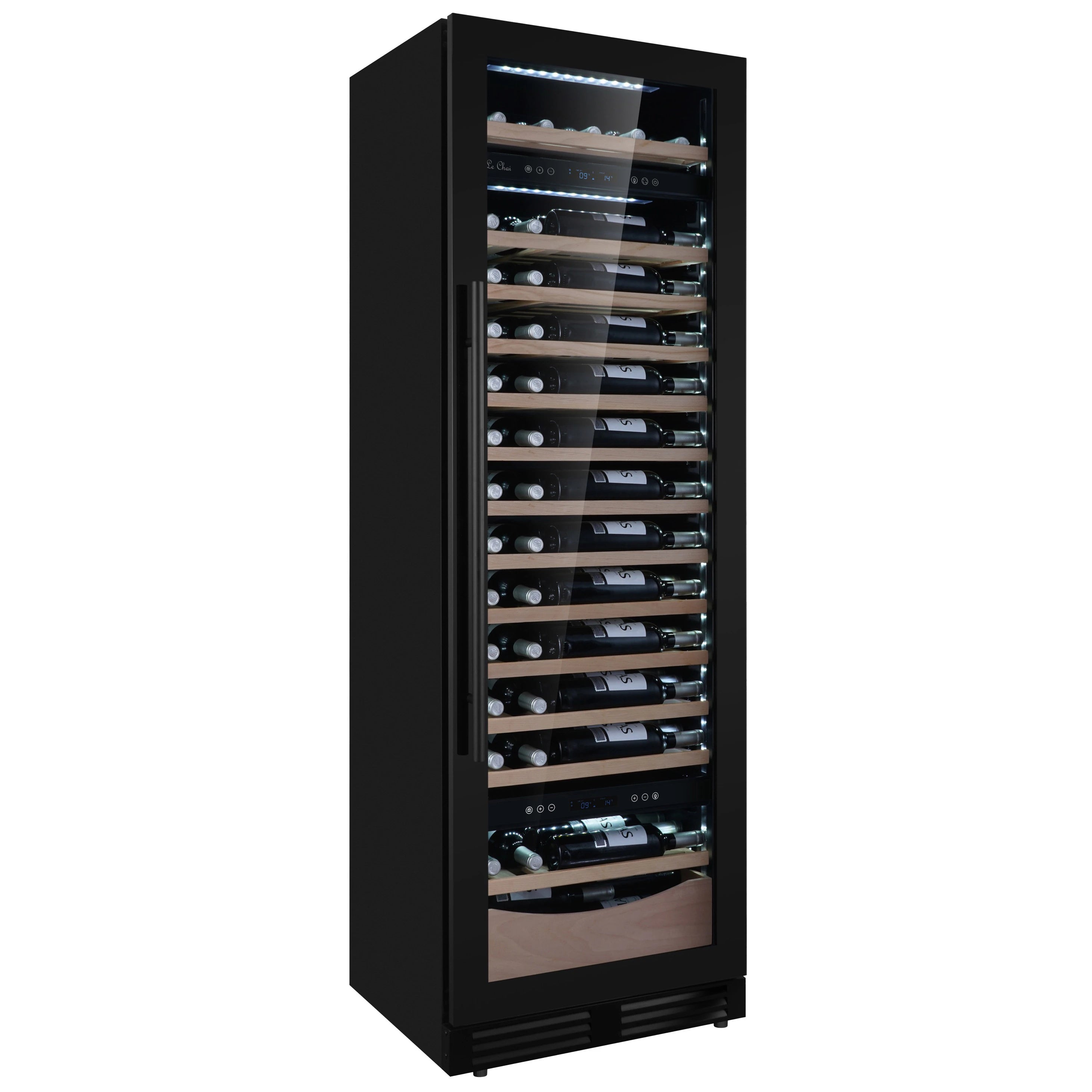 Elegante vinoteca Le Chai LTN990S para 99 botellas, con triple zona de temperatura, puerta de vidrio con marco negro, estantes de madera e iluminación interior, perfecta para coleccionistas o amantes del vino.