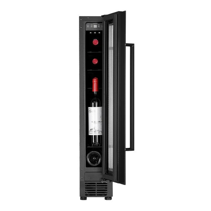 Vinoteca Cavin Arctic Collection 15S Fullglass Black de 8 botellas, vista del interior con estantes compactos.