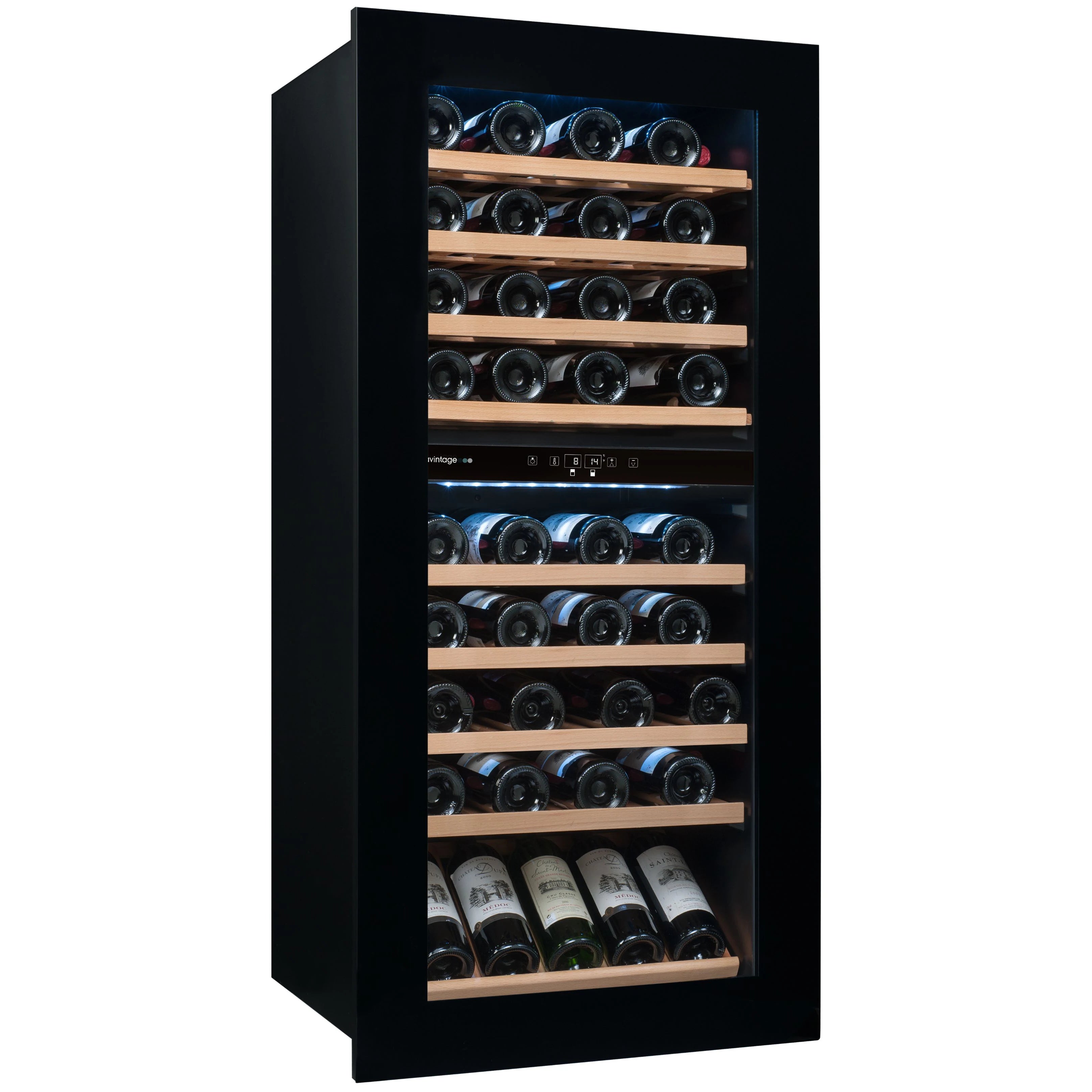 Imagen de la Vinoteca encastrable 79 botellas Avintage AVI82PREMIUM doble zona con puerta de cristal cerrada y estantes llenos de botellas.