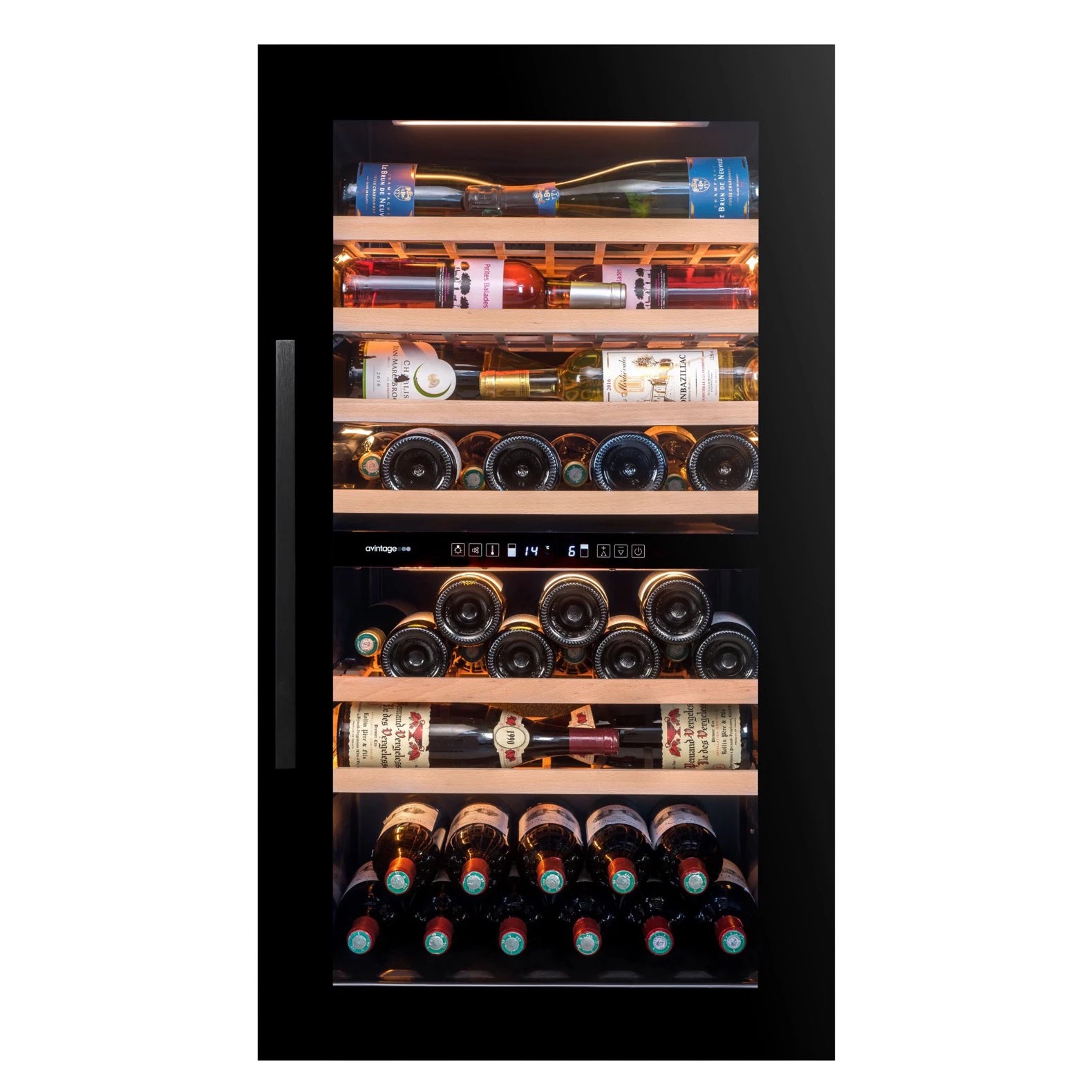 Imagen frontal de la Vinoteca encastrable 76 botellas Avintage AVI76CDZ doble zona.