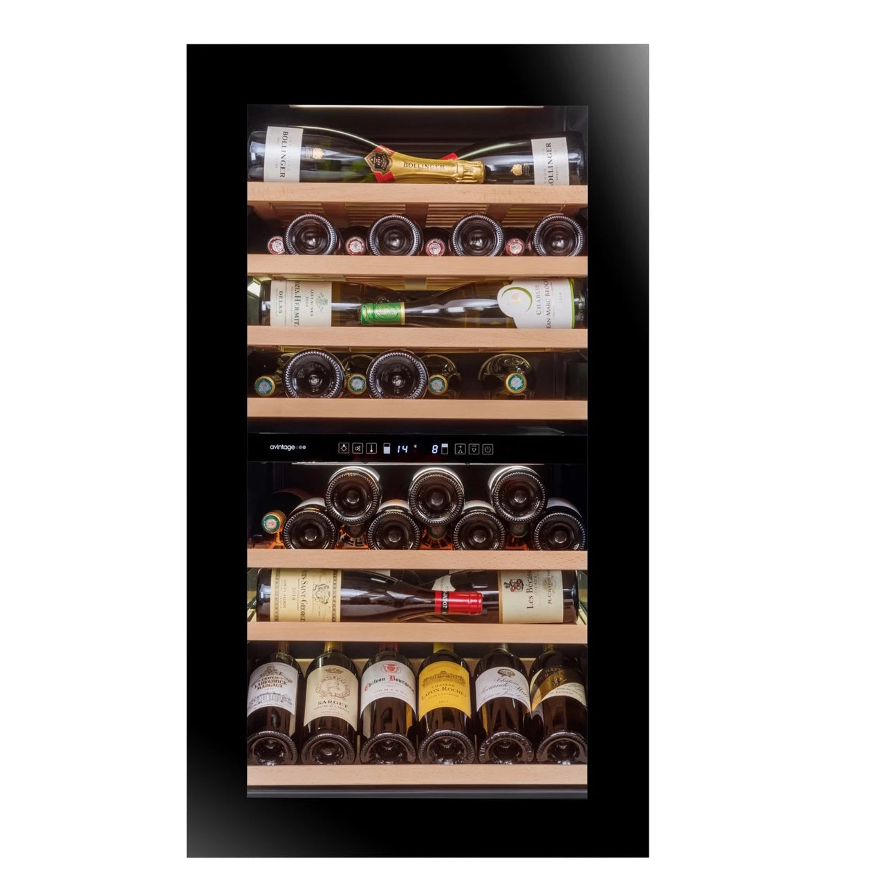 Vista de la Vinoteca encastrable 76 botellas Avintage AVI76PREMIUM doble zona.