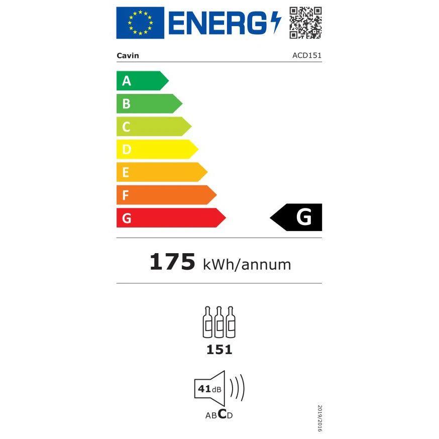 Etiqueta energética de la vinoteca Cavin modelo Arctic Collection ACD151 con clasificación G, consumo anual de 175 kWh, capacidad para 151 botellas y nivel sonoro de 41 decibelios.