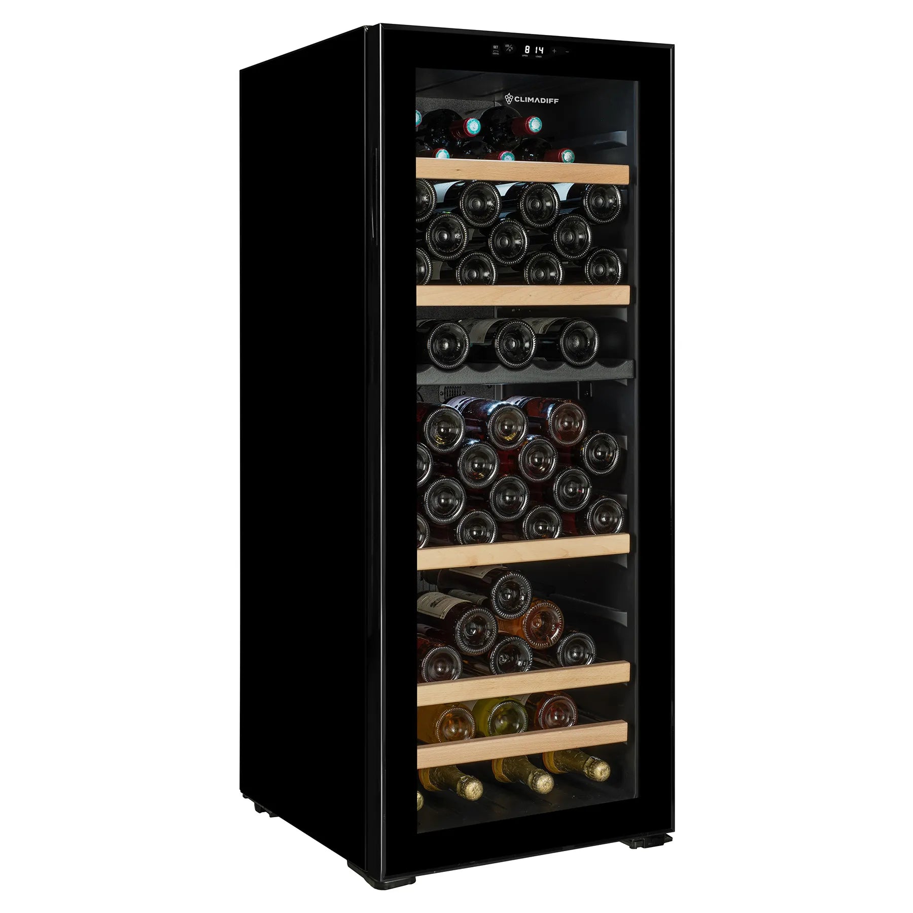 Vinoteca Climadiff CEPAGE108DZ de 108 botellas, vista frontal del modelo negro.