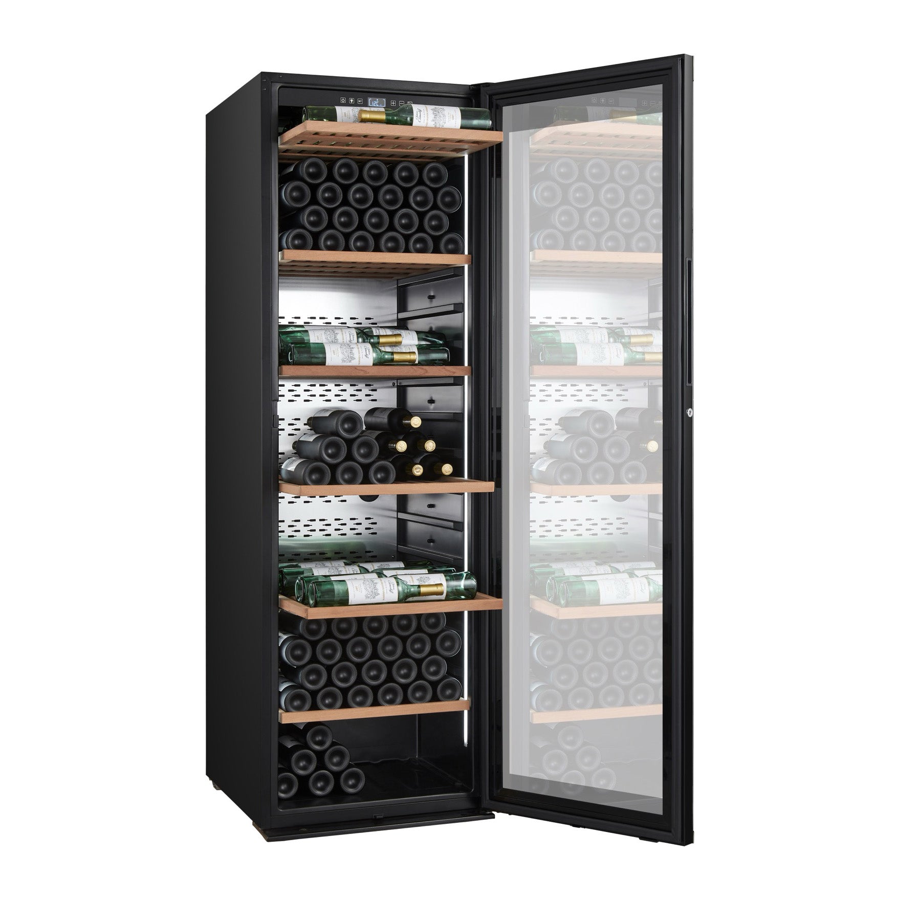 Vinoteca de envejecimiento 248 botellas Climadiff MILLESIME250B vista lateral puerta abierta con botellas de vino