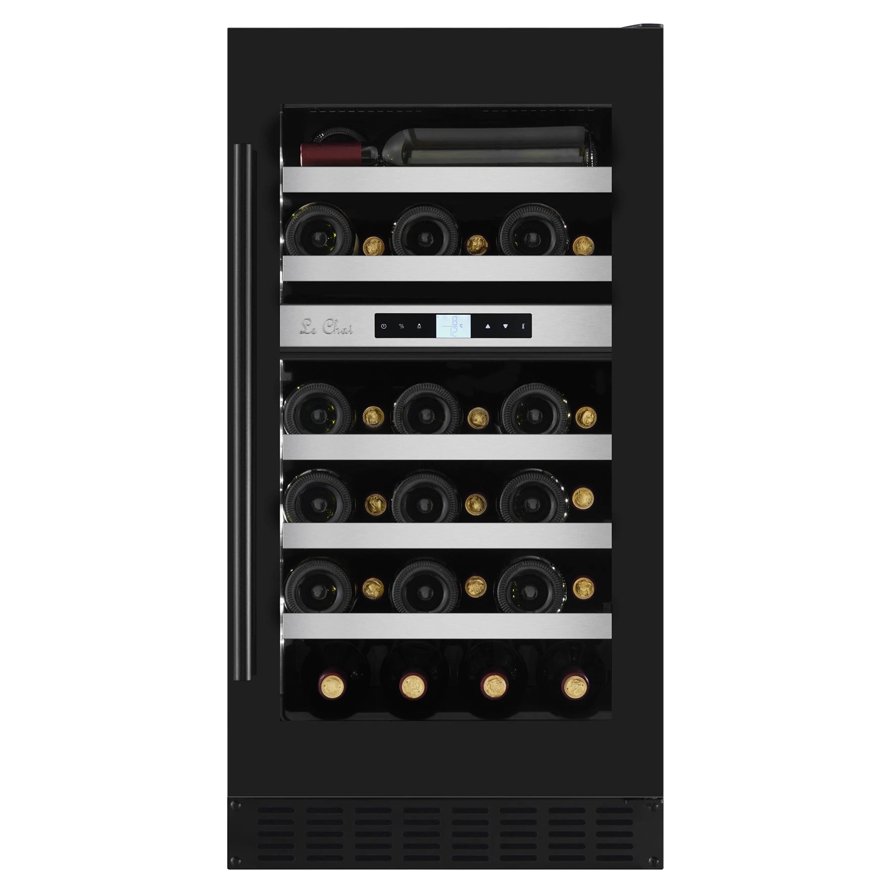 Vinoteca encastrable Le Chai LBN330 de 33 botellas con doble zona y puerta de cristal negro.