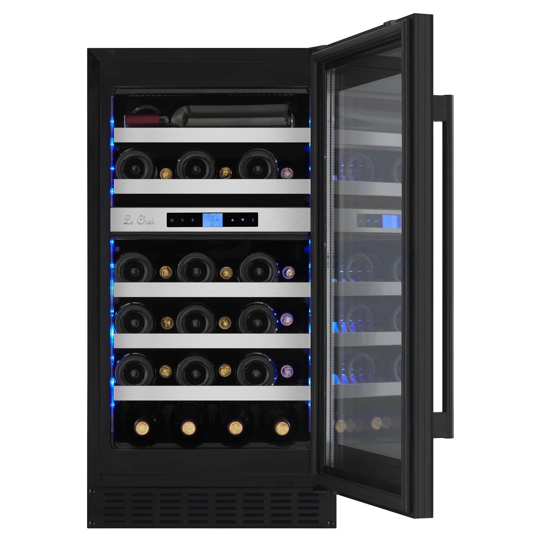 Vinoteca Le Chai LBN330 de 33 botellas con puerta de cristal y estantes de madera interiores.