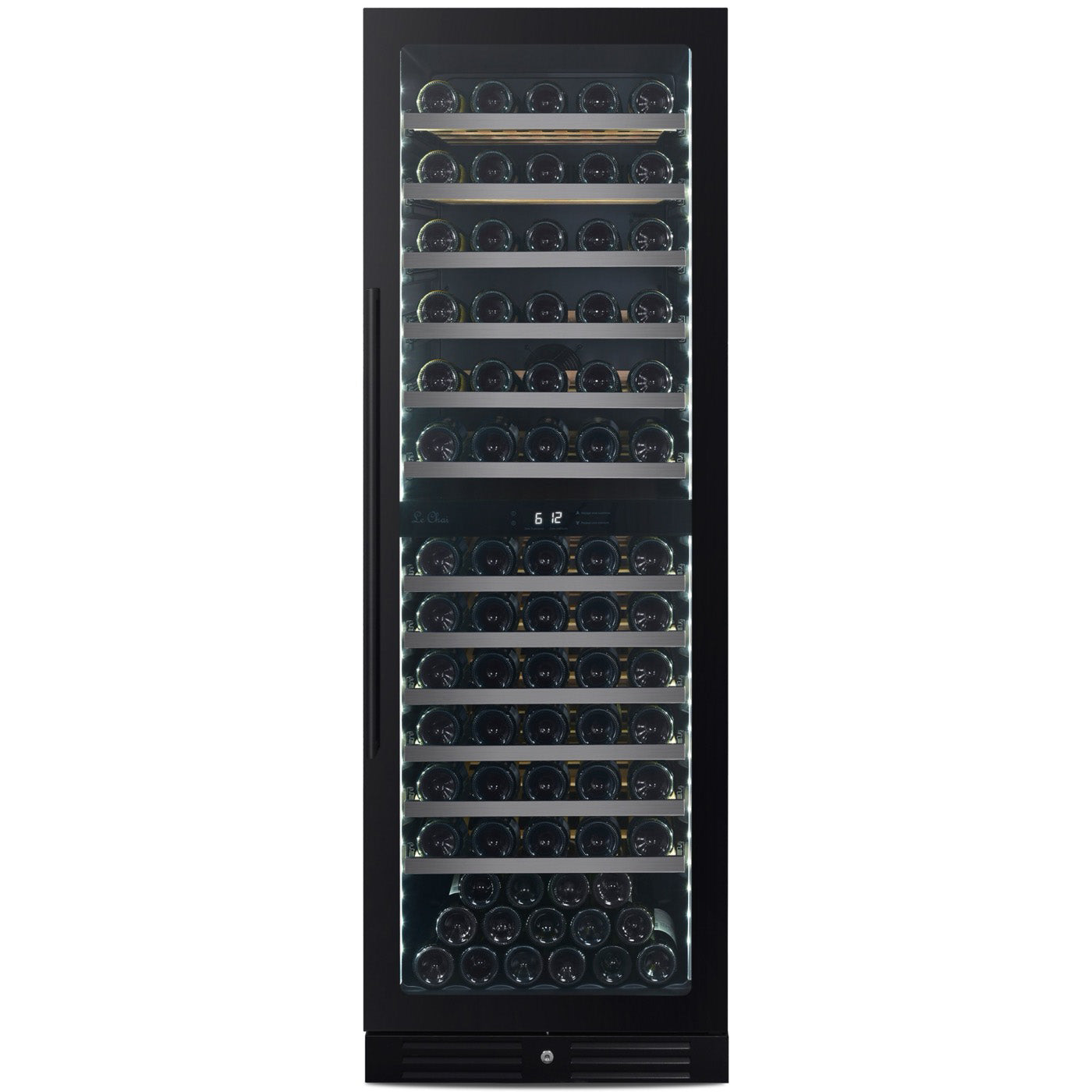 Vinoteca encastrable 119 botellas LBN1540 negra puerta cerrada llena de botellas de vino
