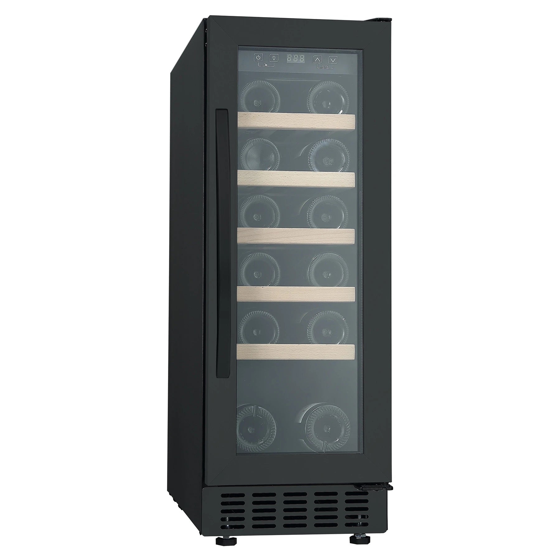 Vinoteca encastrable Caviss SLEN120TBE5 de 20 botellas, bajo encimera, vista frontal del modelo negro.