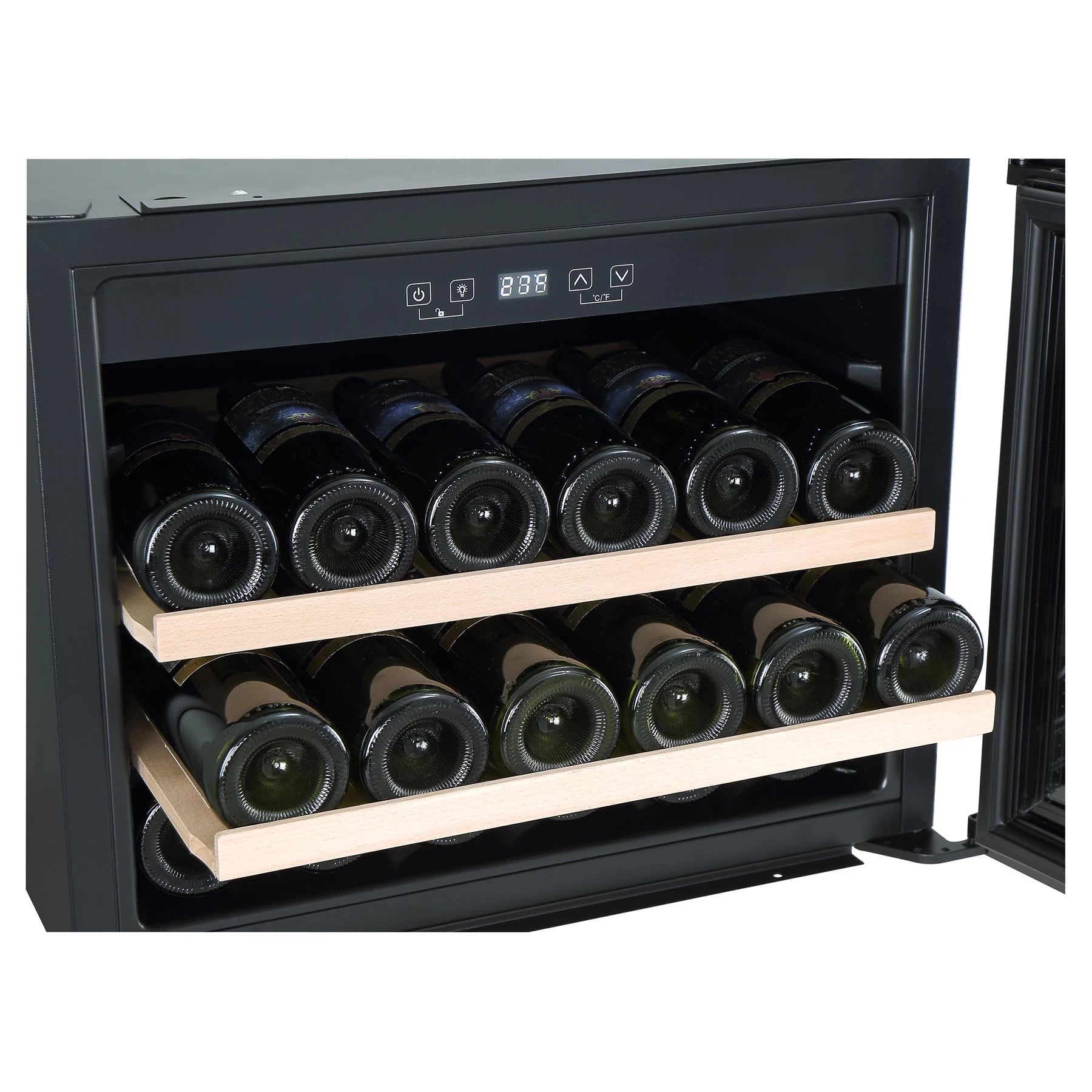 Vinoteca Caviss SLEN123TBE4 de 23 botellas, vista del interior con estantes de madera.