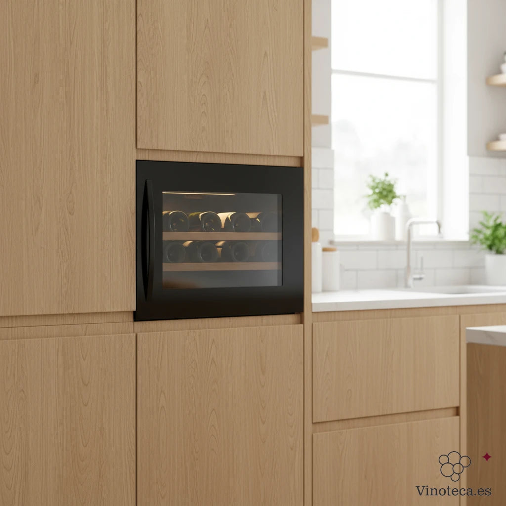 Vinoteca encastrable Caviss SLEN123TBE4 con puerta de vidrio negro y capacidad para 23 botellas, integrada en mueble de cocina.