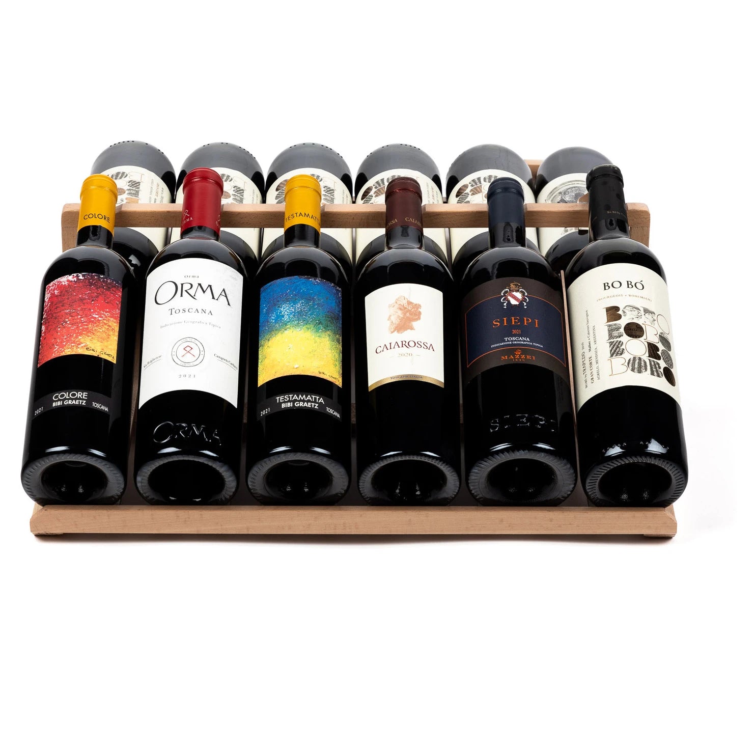 Vista lateral de la vinoteca Vinobox 24 Design Black con puerta abierta y botellas en baldas de madera.